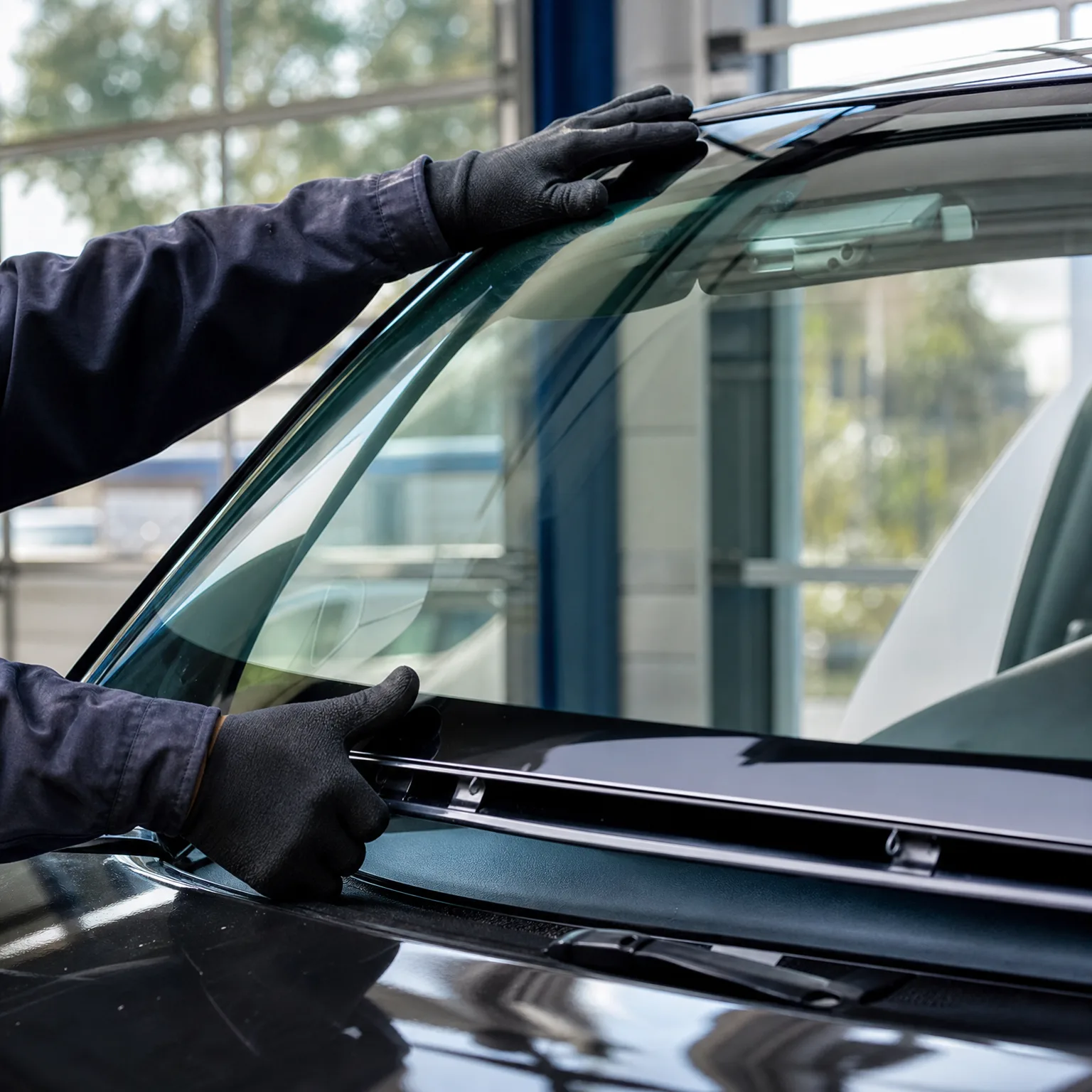 A person in dark coveralls and black gloves holds the top edge and lower trim of a car windshield at a glazing bay with large windows behind.
