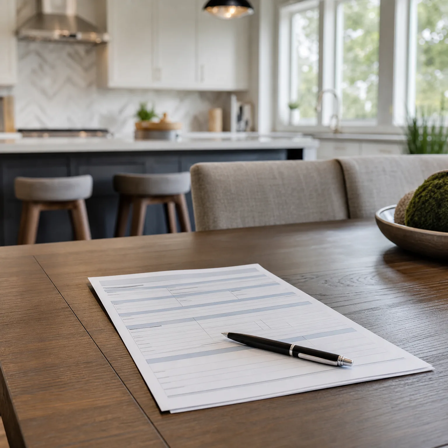 A printed multi-line form and a black ballpoint pen rest on a dark wood dining table, with a blurred white kitchen, bar stools, and an upholstered bench in the background.