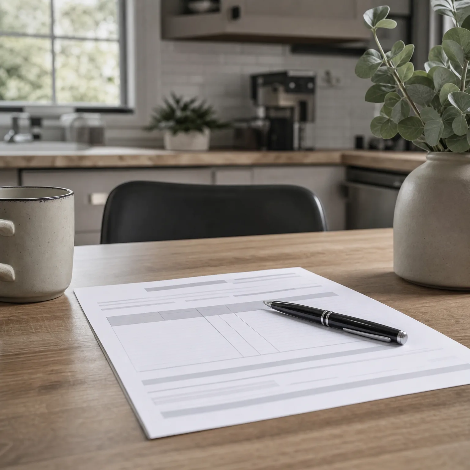 A blank printed form with grey bars and a black ballpoint pen rests on a wooden table beside a ceramic mug and a vase of eucalyptus, with a blurred kitchen in the background.