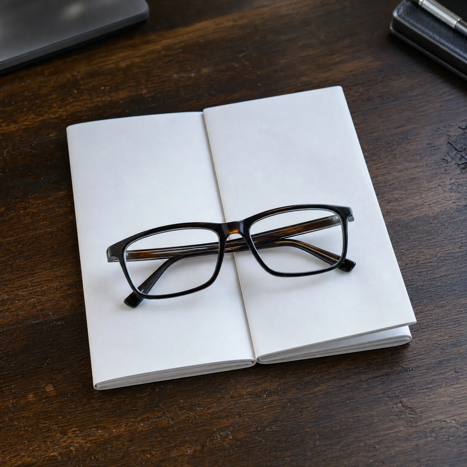 A pair of dark tortoiseshell eyeglasses rests folded on an open blank notebook lying on a dark wooden table, with a laptop edge and a closed case partly visible at the top.