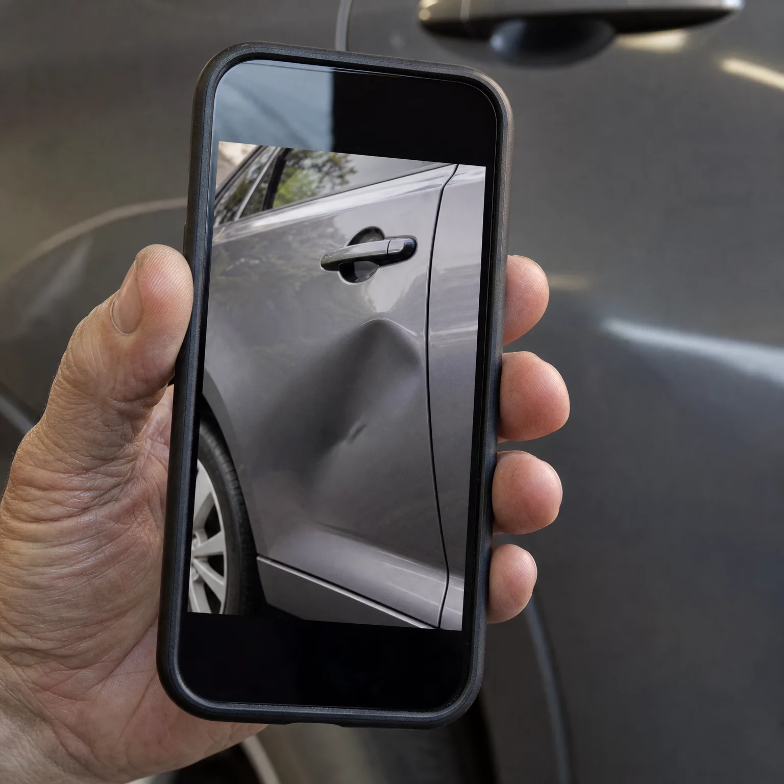 A hand holds a smartphone displaying a photo of a dent in a gray car door, with the actual car body visible in the blurred background.
