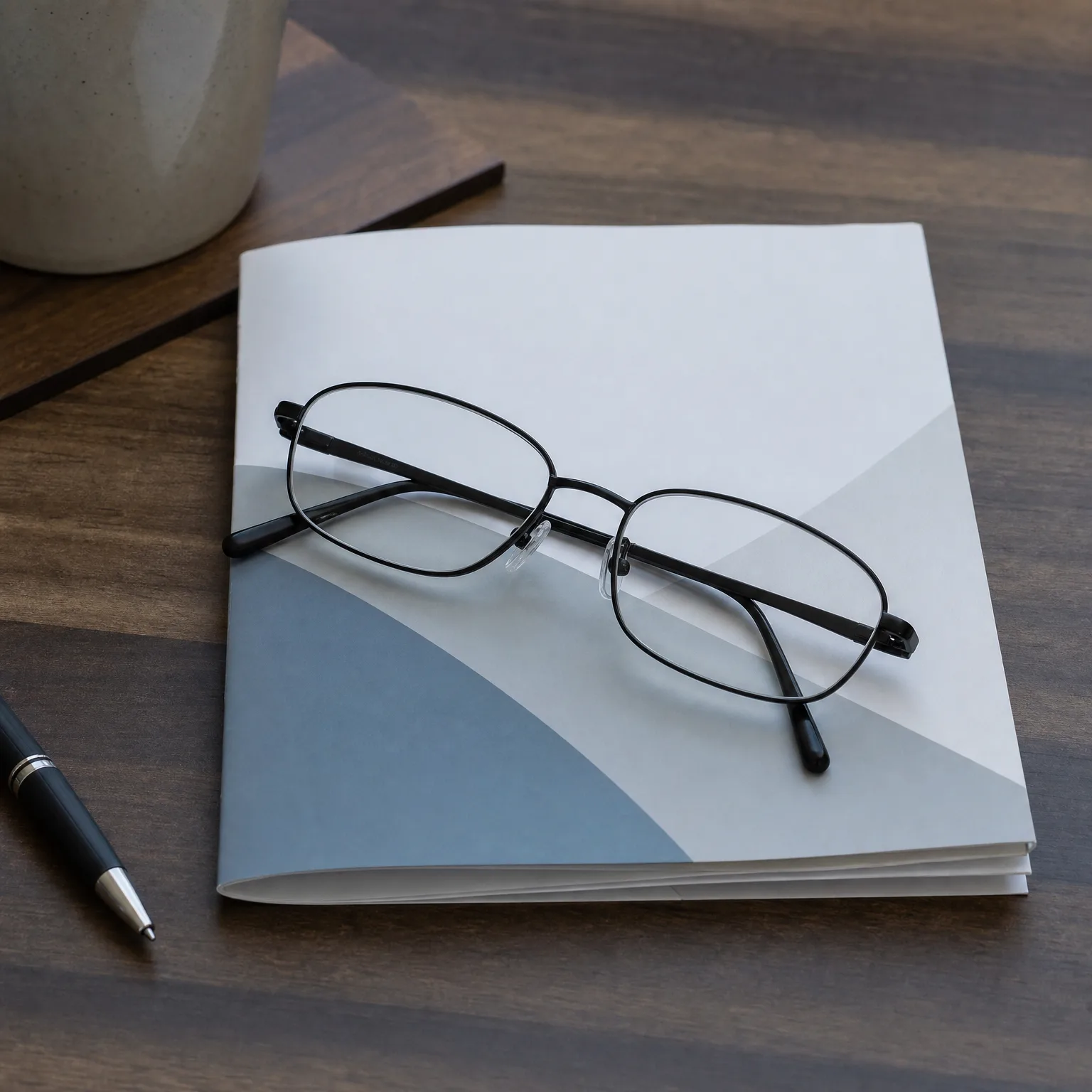 A pair of thin metal-framed eyeglasses rests on a white and grey booklet lying on a dark wood table, with a pen and a light ceramic mug nearby.