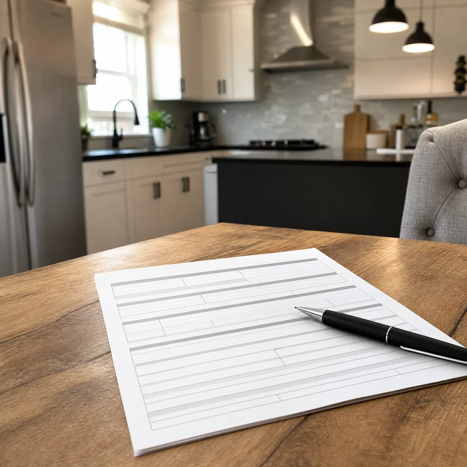 A blank lined form sheet and a black pen rest on a wooden table, with a blurred kitchen featuring white cabinets, a stainless refrigerator, a range hood, a dark island and pendant lights in the background.