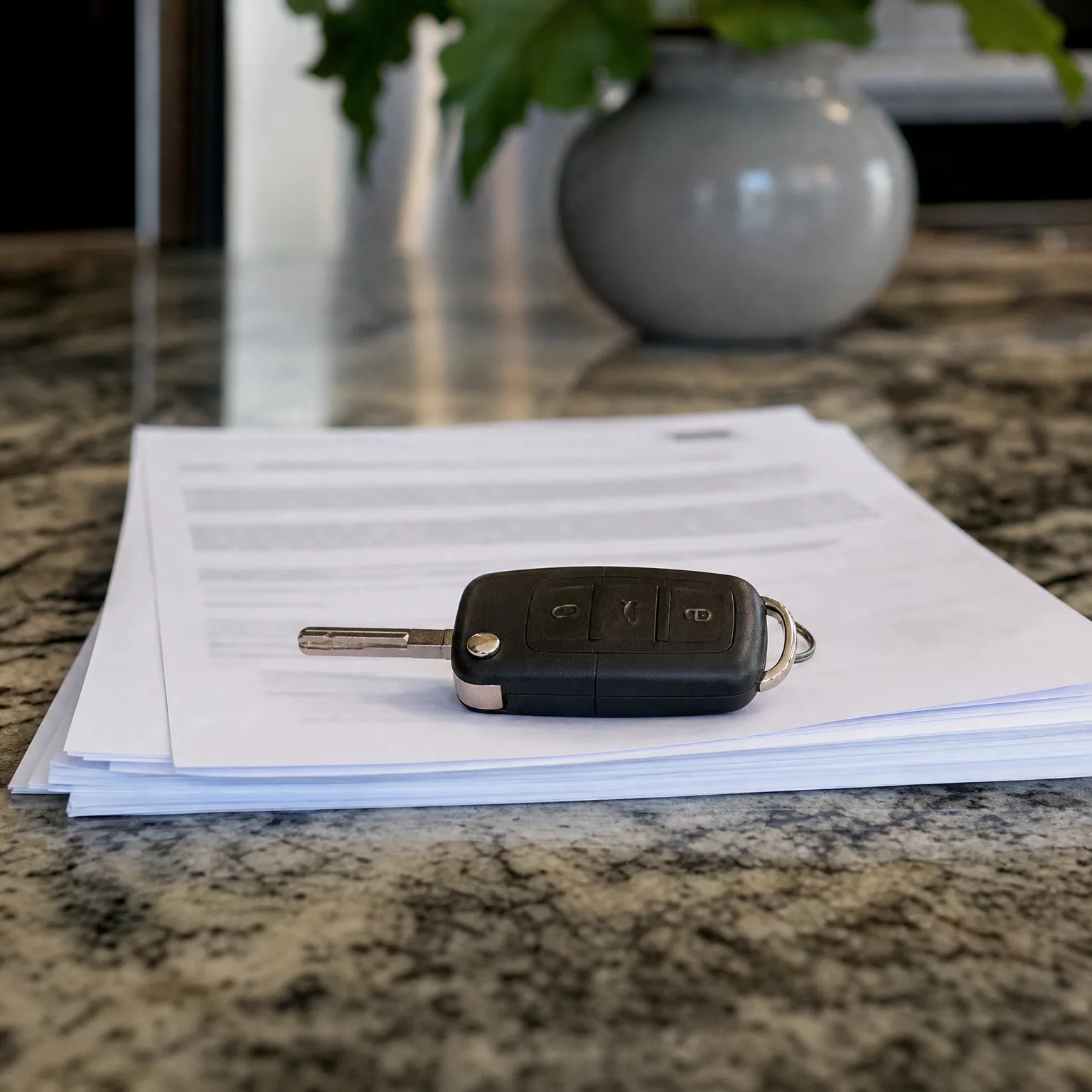 A black flip-style car key with three buttons rests on a stack of printed documents on a speckled granite countertop, with a blurred gray vase and green leaves in the background.