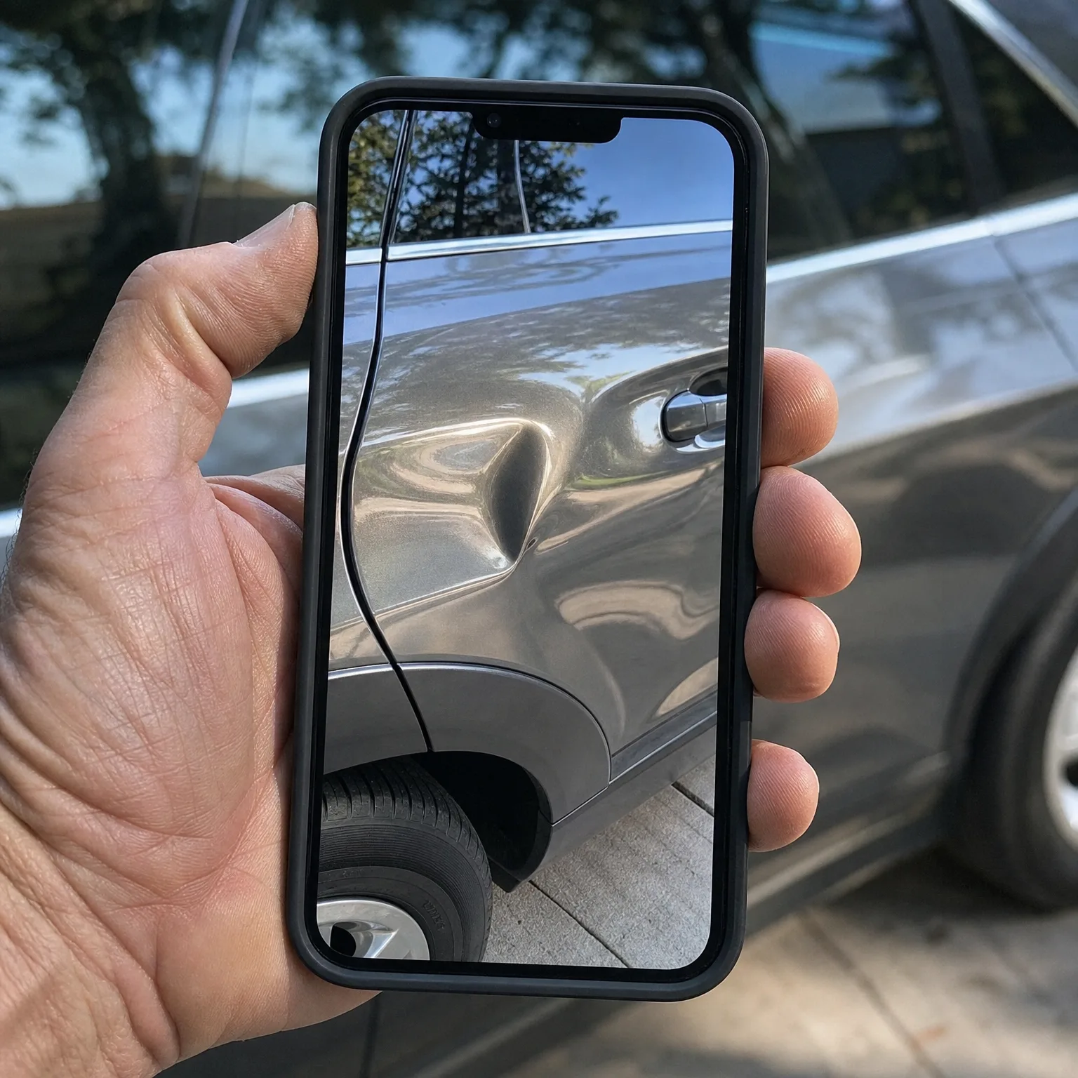 A hand holds a smartphone in front of a silver car, the screen showing a close-up of the car's door panel with a dent near the door handle.