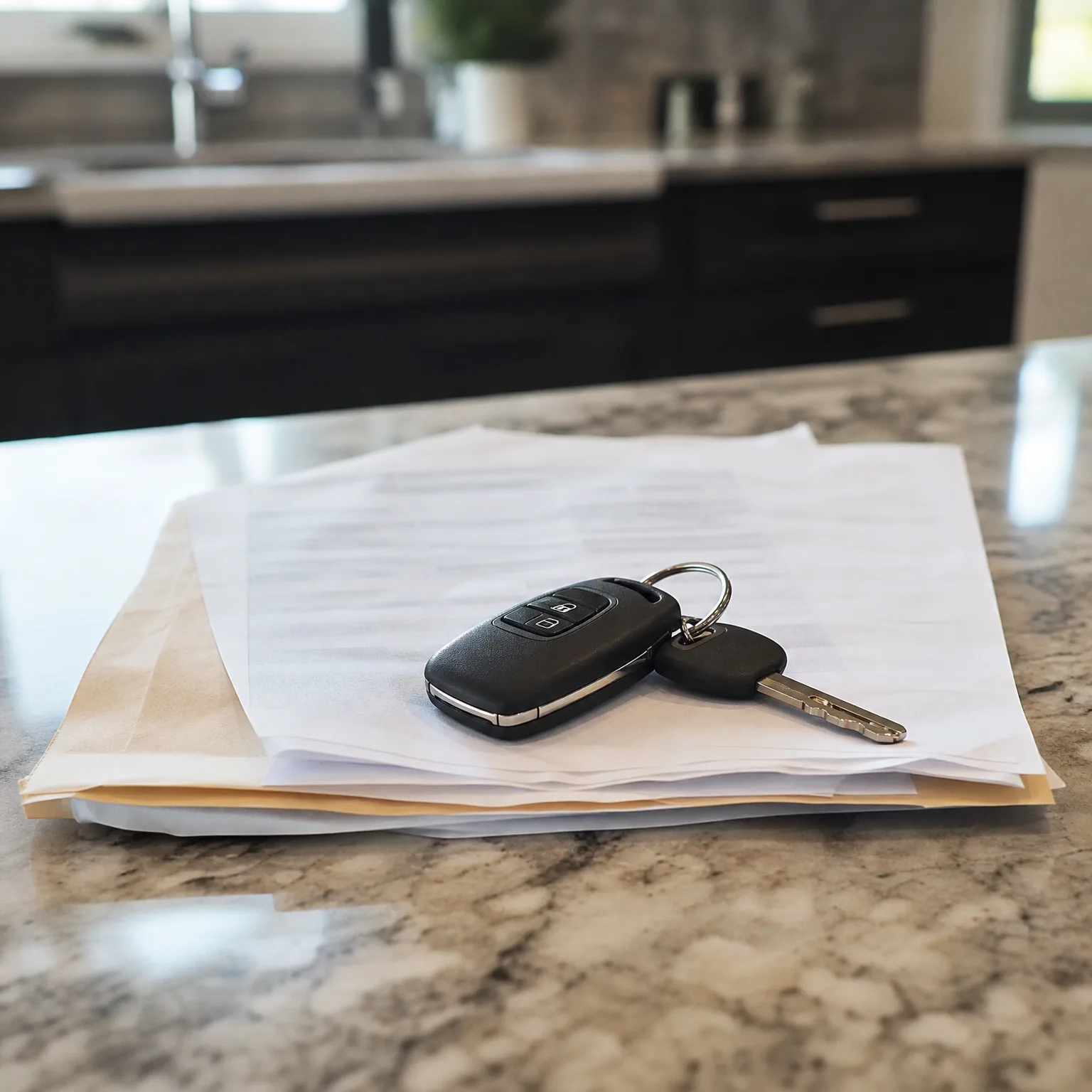 A black remote car key with a metal key on a ring rests on a stack of white and manila papers on a marble countertop, with dark cabinetry blurred in the background.