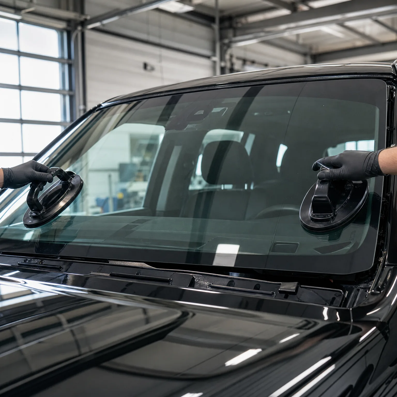 Two gloved hands use suction cup handles to position a windshield on a black vehicle inside a workshop with large windows and a roller door.