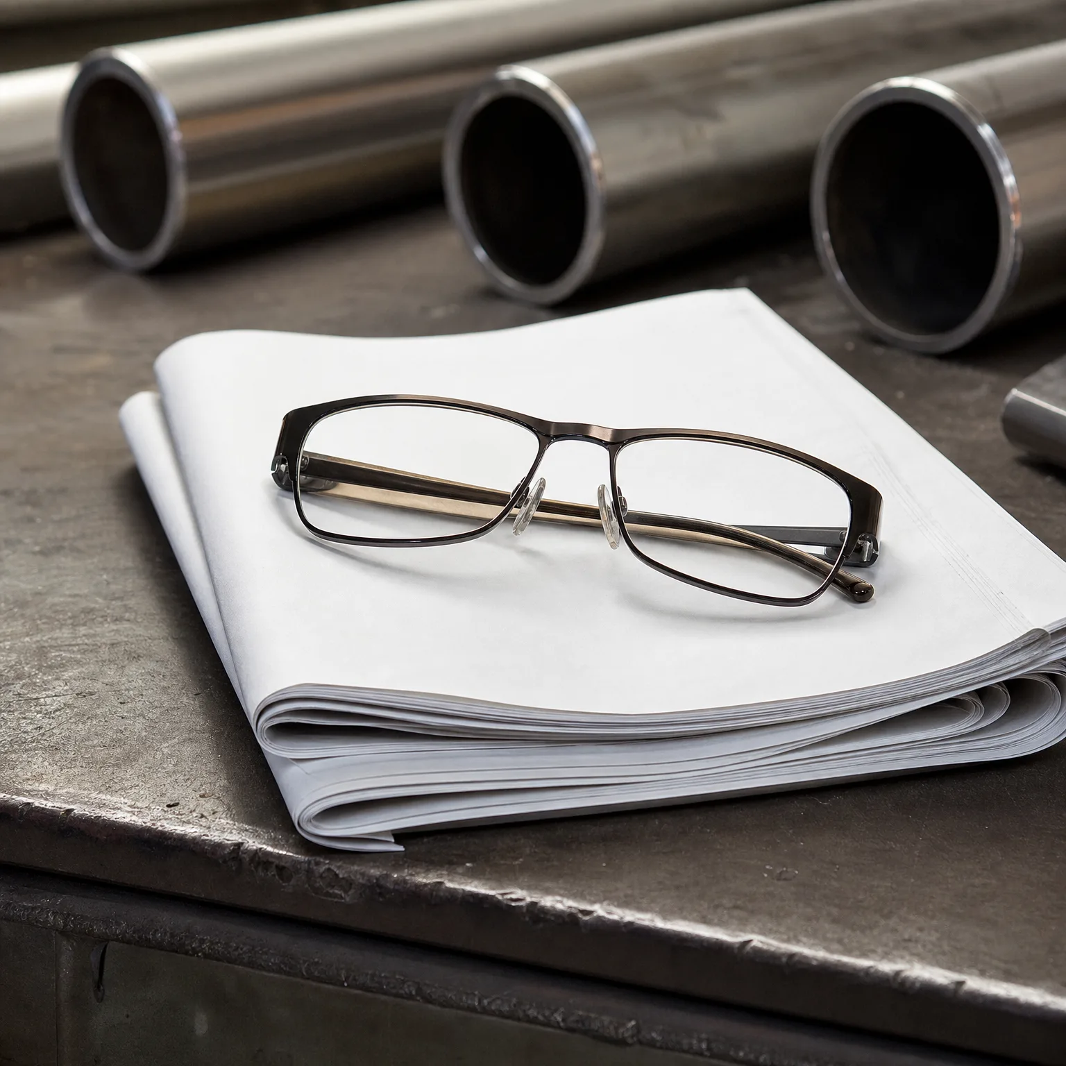 A pair of dark metal-framed eyeglasses resting on a folded stack of blank white paper on a metal workbench, with three metal tubes blurred in the background.
