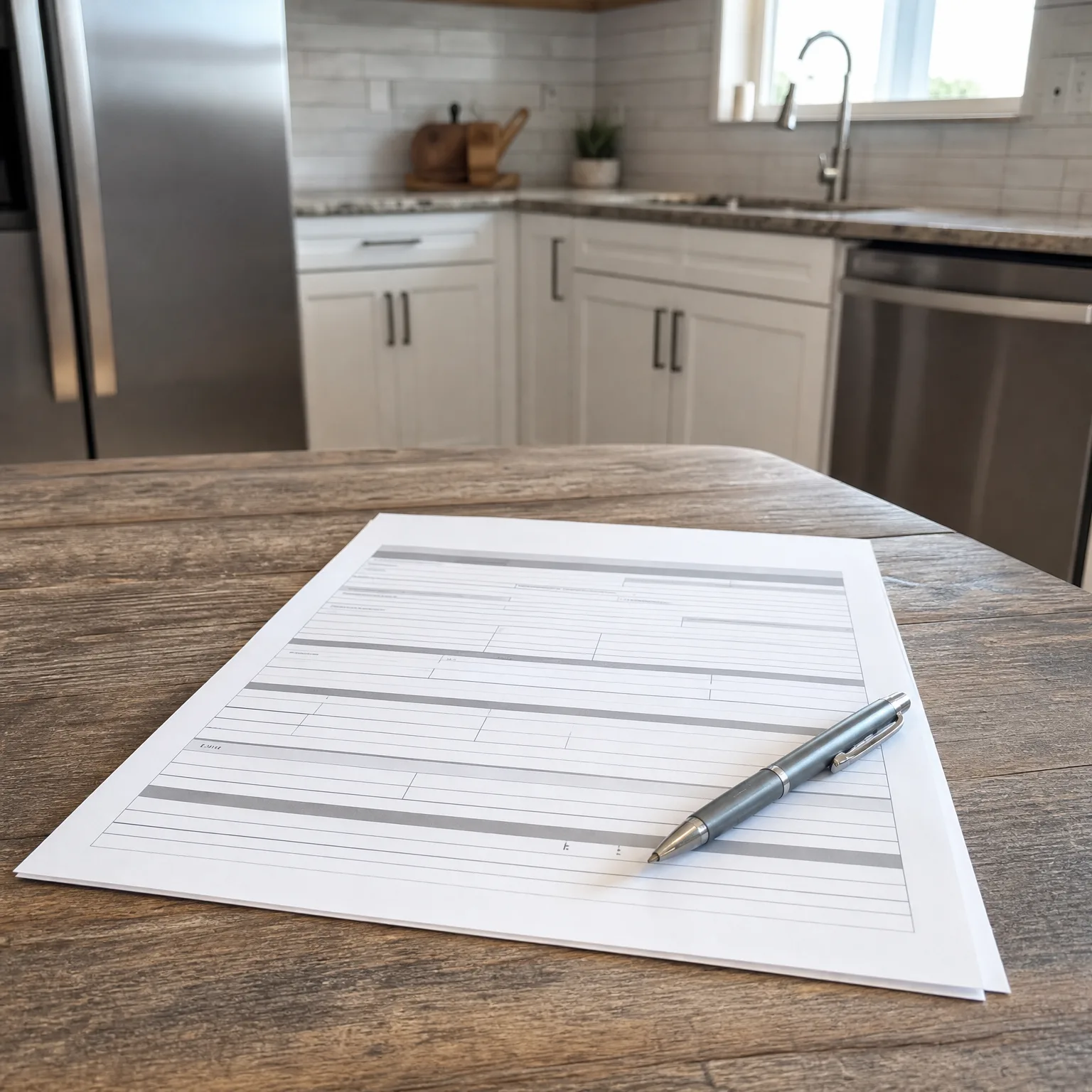 A blank printed form with gray-banded rows and a silver ballpoint pen lying on a wood-grain countertop, with white kitchen cabinets, a stainless refrigerator and dishwasher, and a window blurred in the background.