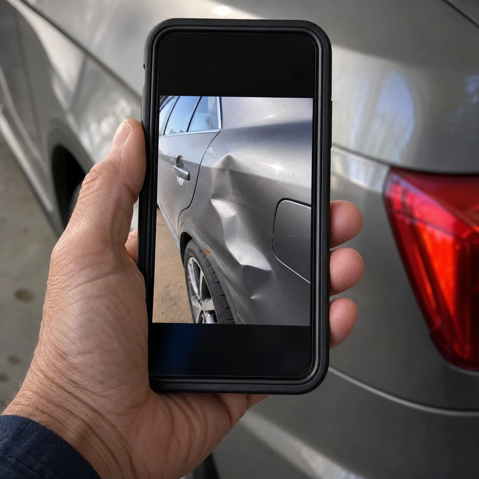 A hand holds a smartphone in a black case displaying a photo of a dented silver car door panel, in front of a silver vehicle with a red taillight.
