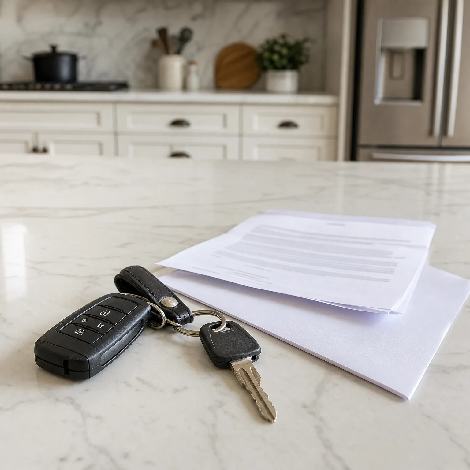 A car key fob and a metal key on a keyring with a black leather tab rest on a white marble countertop beside a stack of printed documents, with a blurred kitchen and refrigerator in the background.