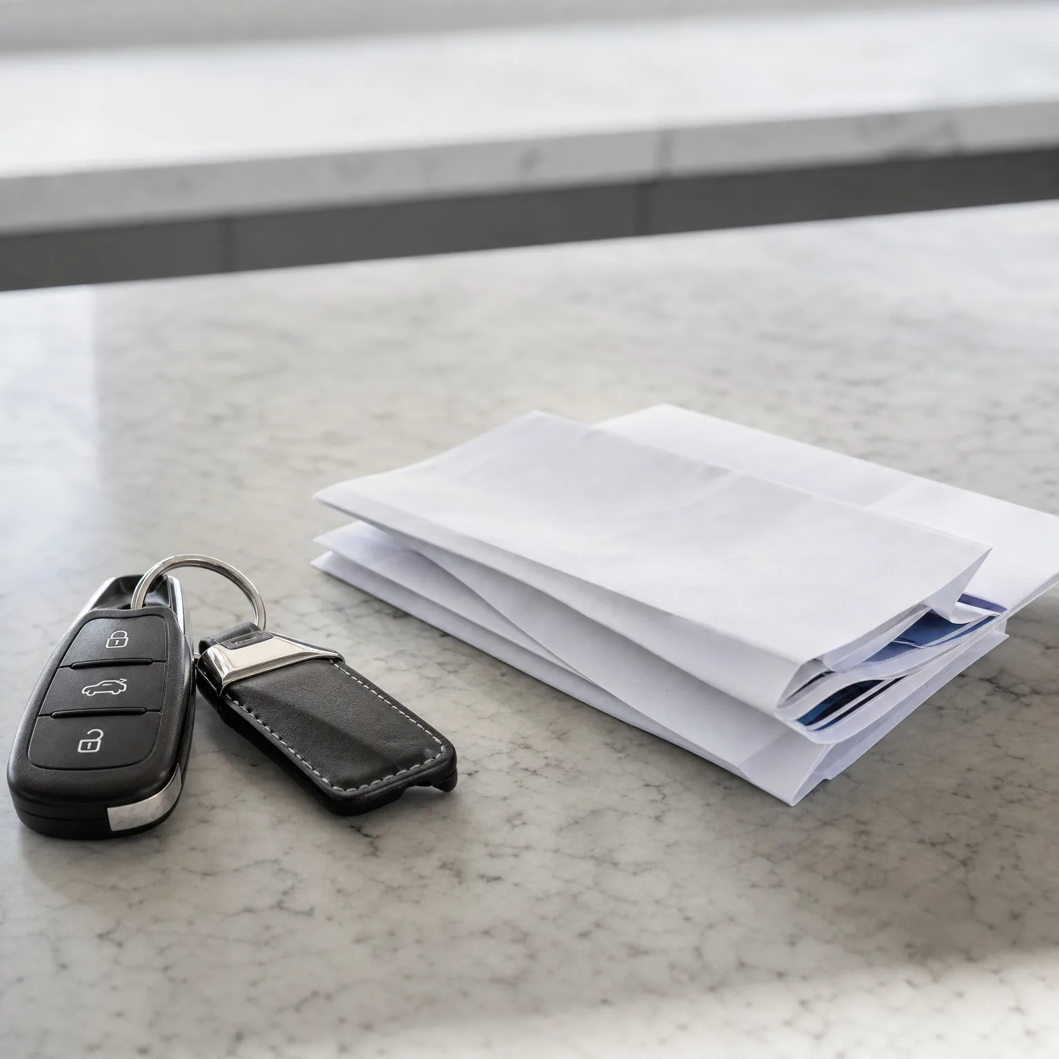 A black car remote key with a leather fob on a marble countertop beside a small stack of white envelopes.