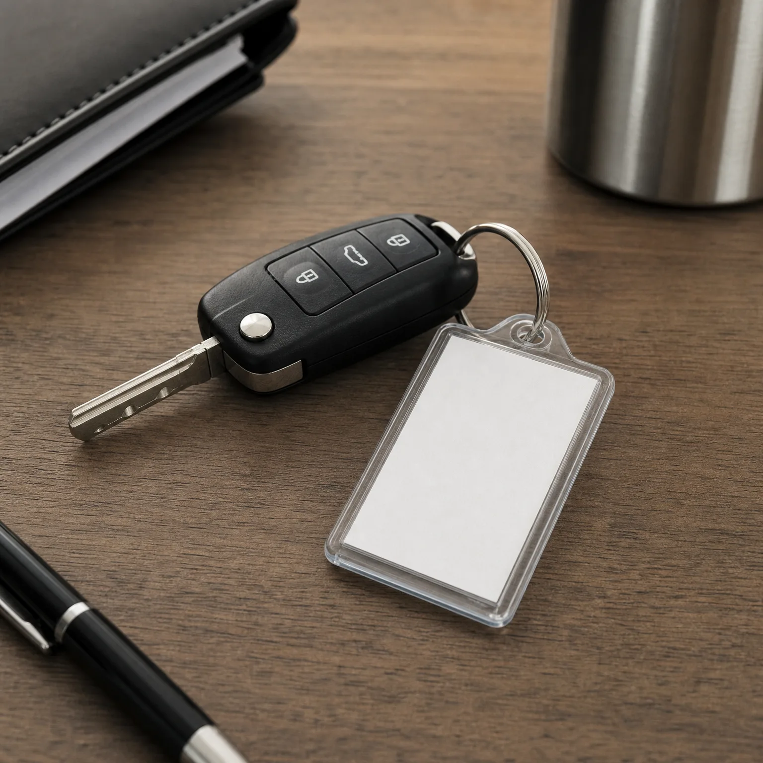 A black flip car key with three buttons on a key ring attached to a blank clear plastic keychain tag, resting on a wooden surface near a pen, a dark wallet, and a metal tumbler.