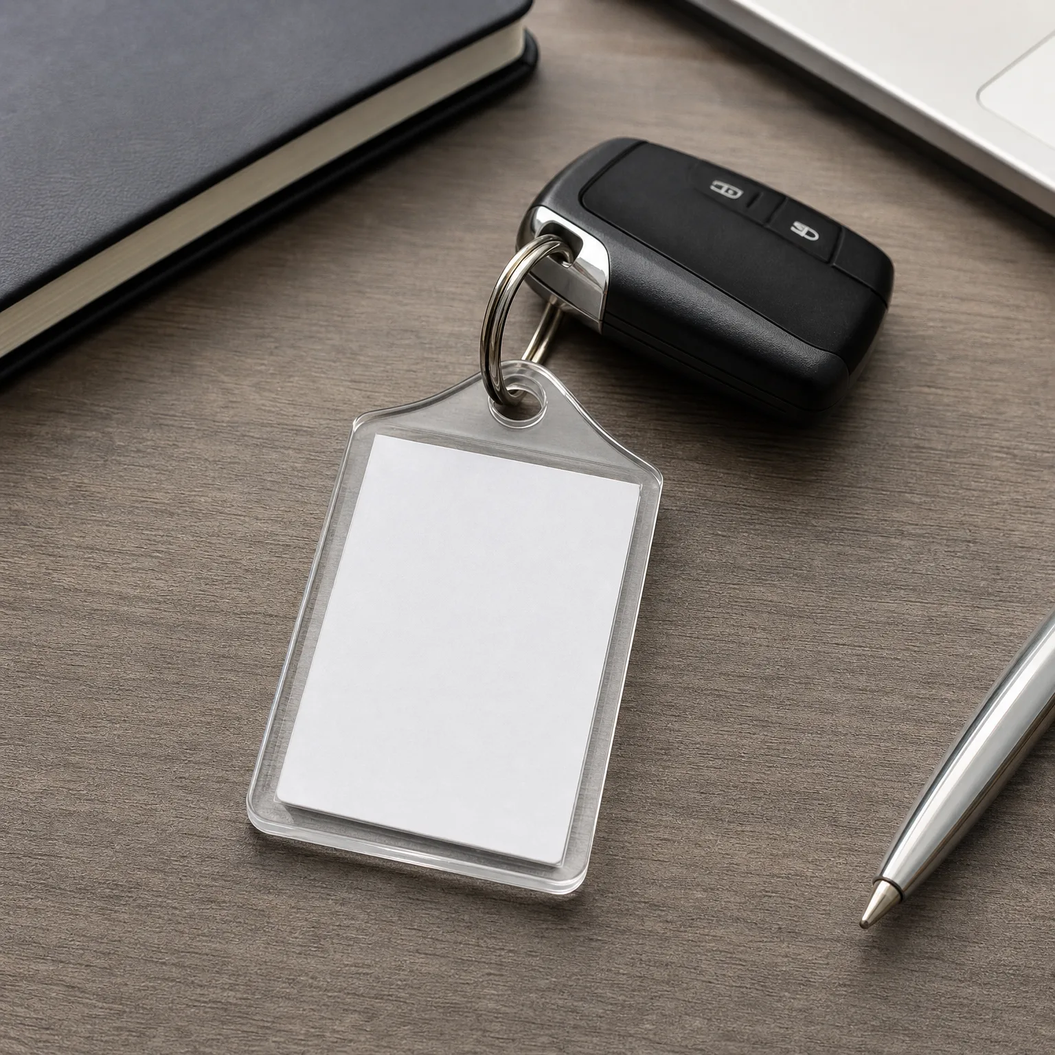 A clear plastic keychain with a blank white insert attached by a split ring to a black car key fob, resting on a wood desk beside a dark notebook, a metal pen, and the edge of a laptop.