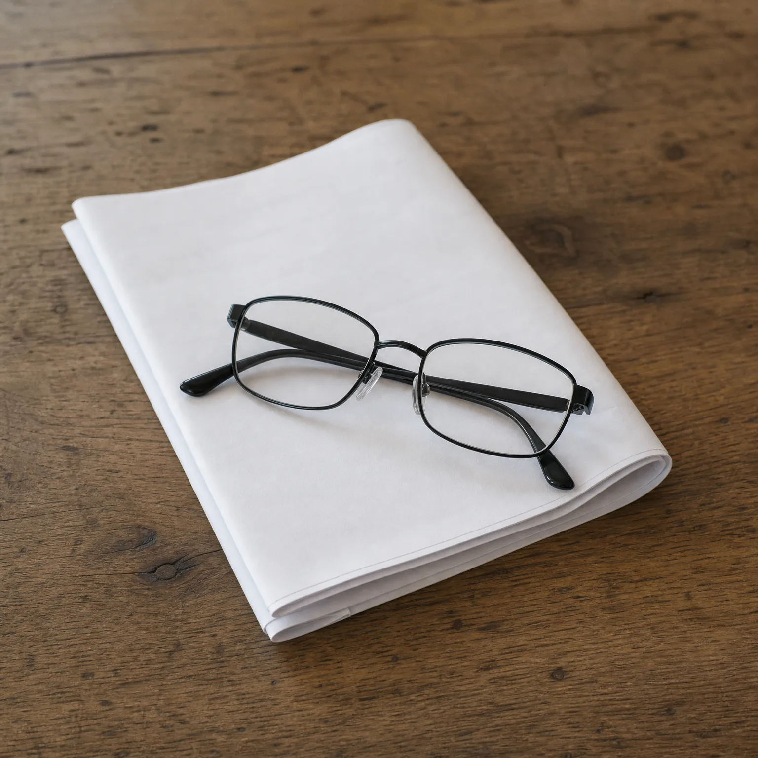 A pair of black-framed eyeglasses resting on a folded blank white newspaper on a wooden table.