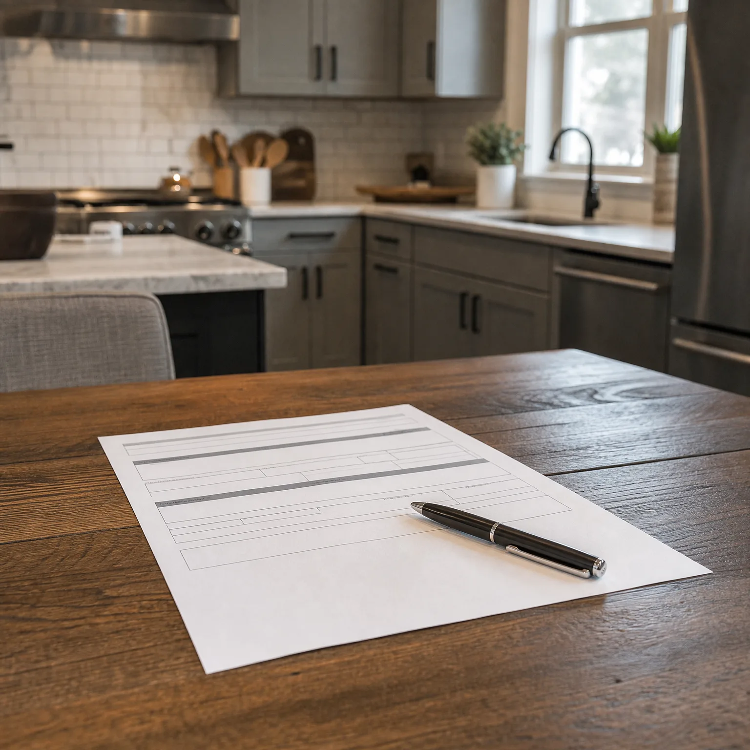 A blank printed form with ruled lines and a black ballpoint pen resting on a dark wooden table, with a blurred kitchen featuring gray cabinets, subway tile backsplash, and a window in the background.