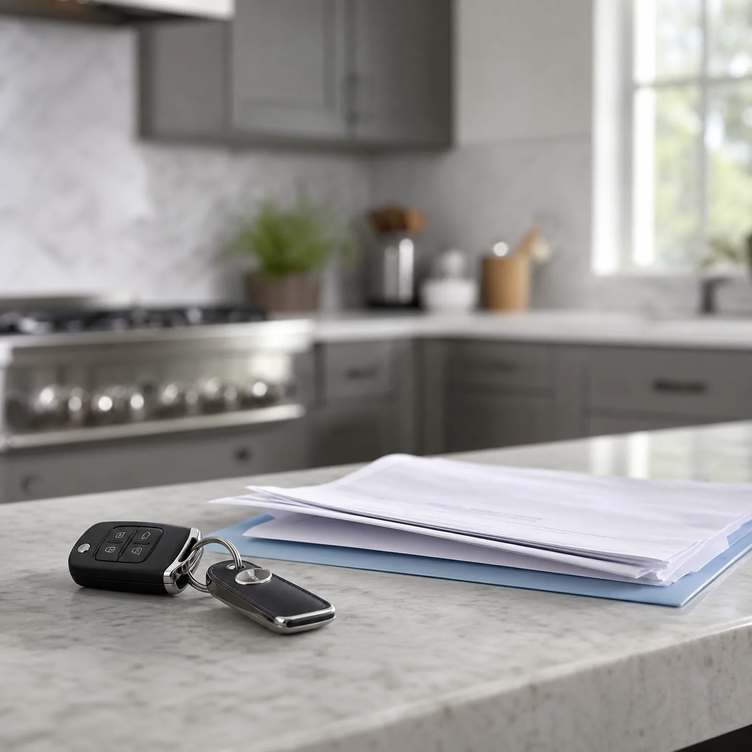 A car key fob with a leather keychain rests on a speckled stone countertop beside a stack of papers in a blue folder, with a blurred kitchen behind.