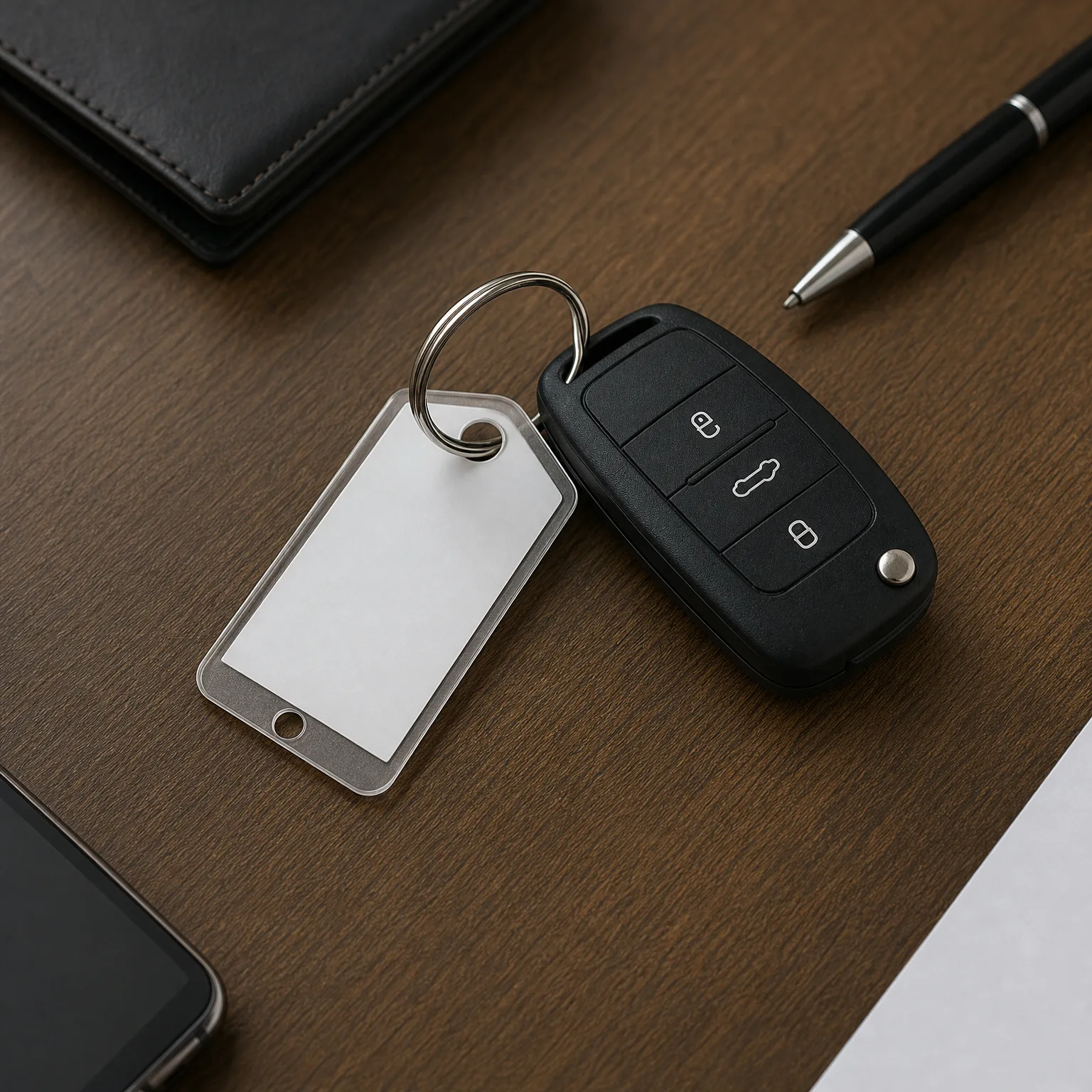 A black three-button flip car key fob on a split ring with a blank white keychain label tag, lying on a dark wood desk beside a pen, a black leather wallet, a phone edge, and a sheet of white paper.