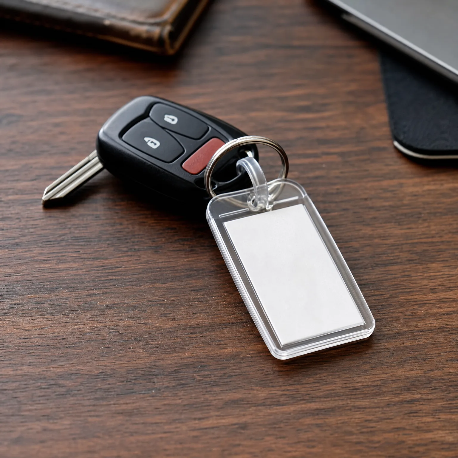 A black car key fob with three buttons and an attached blank clear plastic keychain tag rests on a dark wood surface, with a leather wallet and a dark object partially visible at the top.
