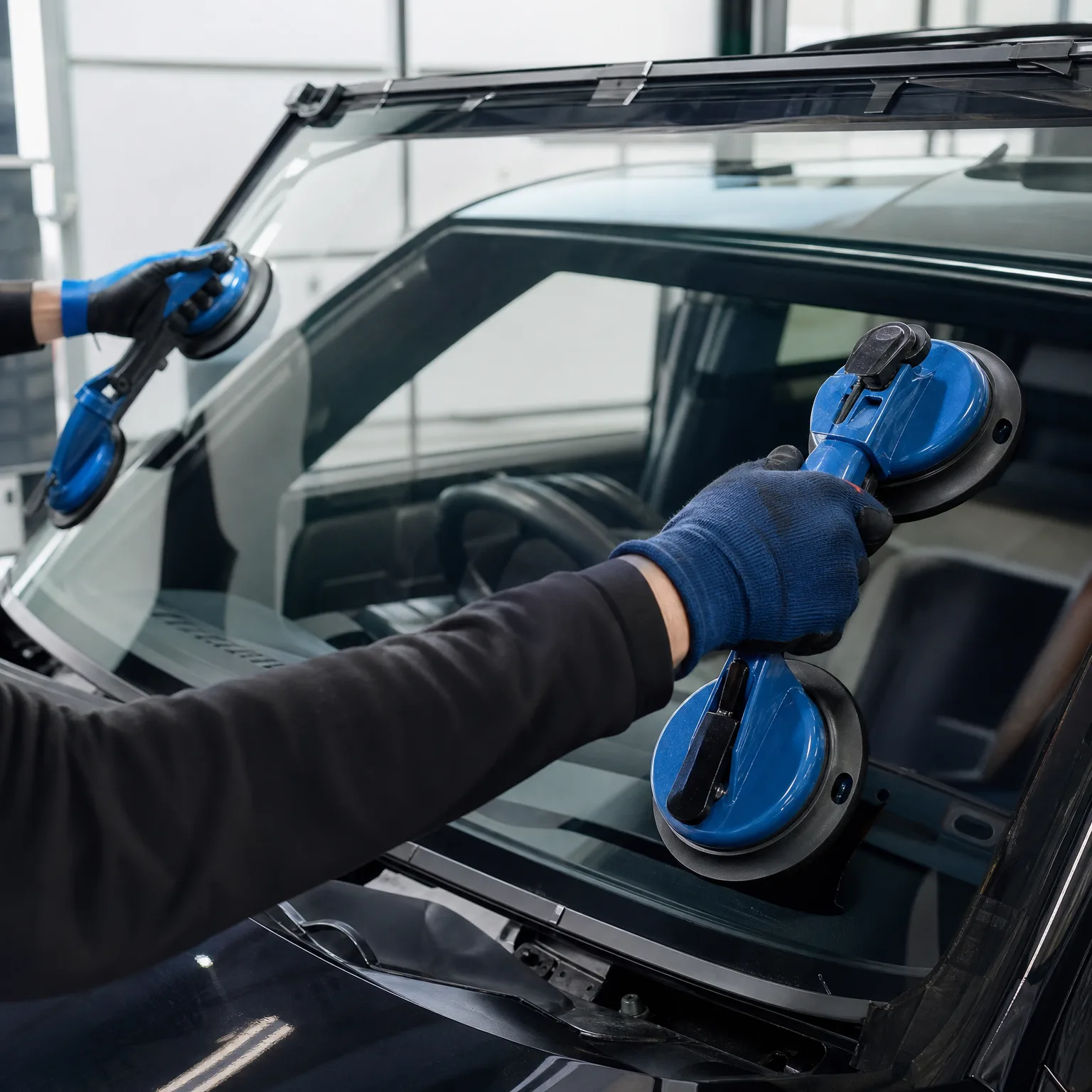 Two gloved hands use blue suction cup lifters to hold a vehicle windshield during installation or removal.