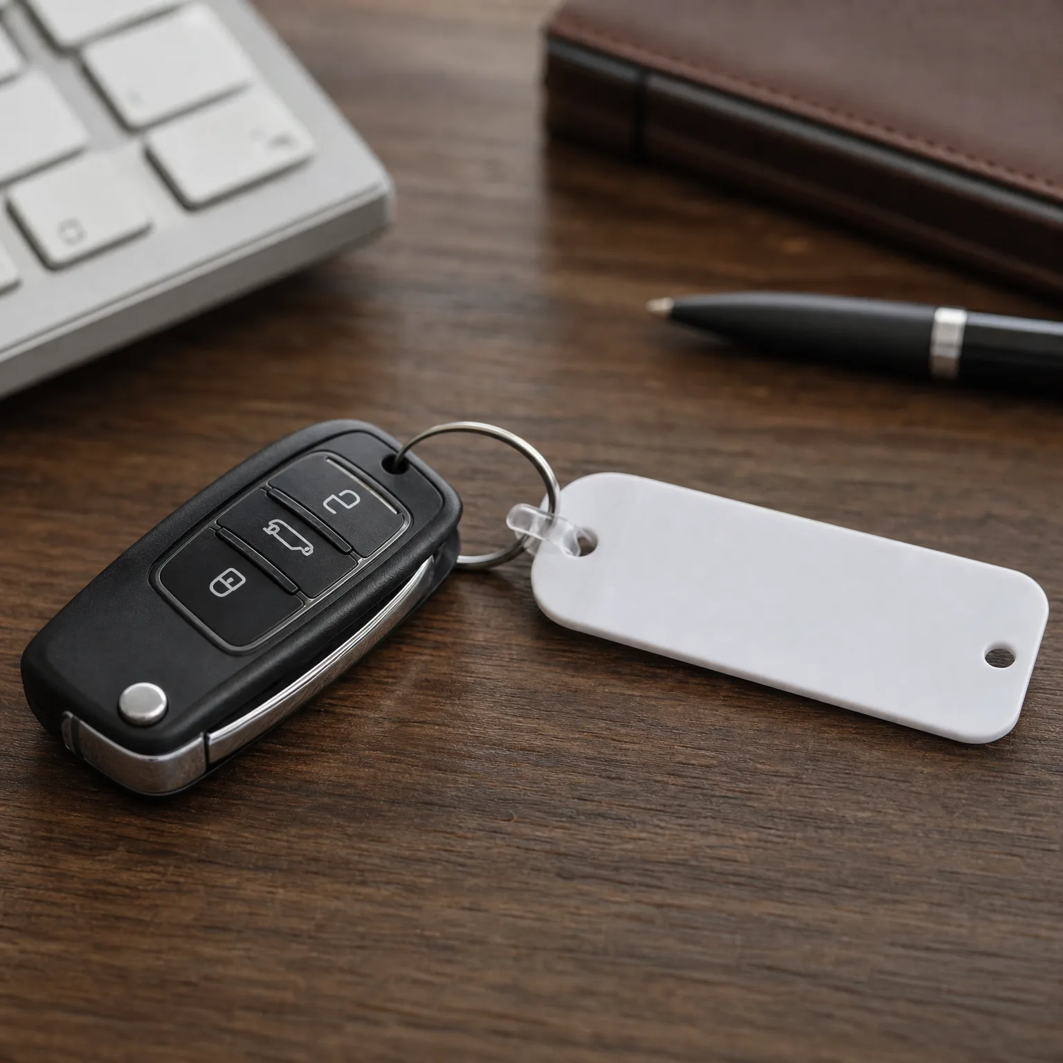 A black three-button flip car key on a split ring with a blank white rectangular keychain tag, lying on a dark wood desk near a white keyboard, a black pen, and a brown leather notebook.