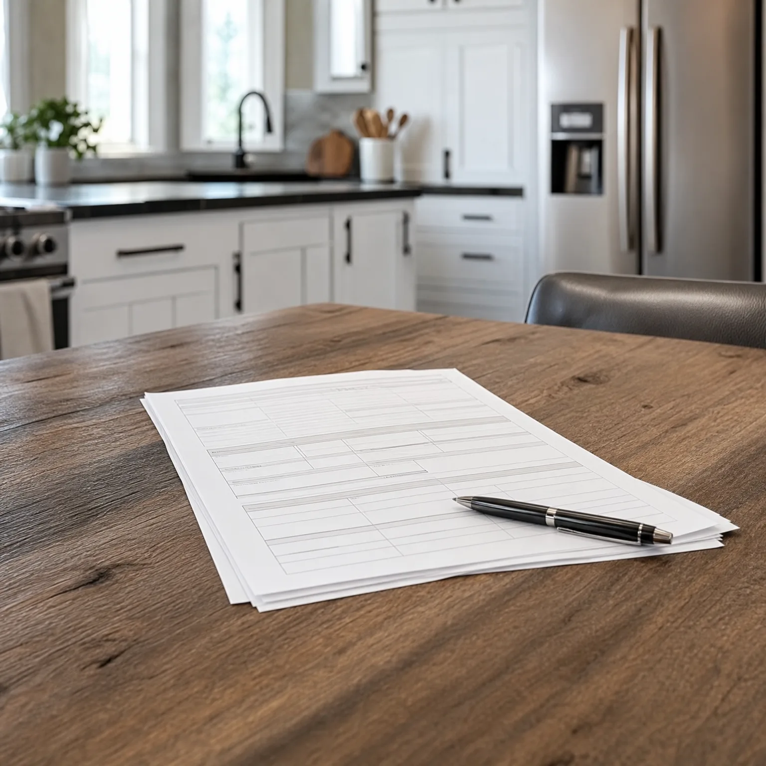 A stack of printed forms with a black pen rests on a wooden table in a kitchen with white cabinets, dark countertops, and a stainless steel refrigerator in the background.