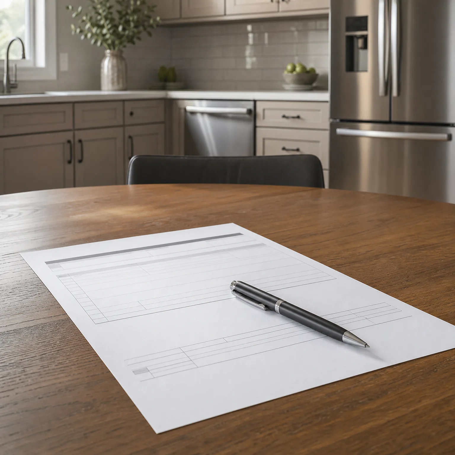 A blank lined form sheet with a black and silver pen resting on it, on a round wooden table in a kitchen with pale cabinets, a stainless dishwasher and refrigerator blurred in the background.