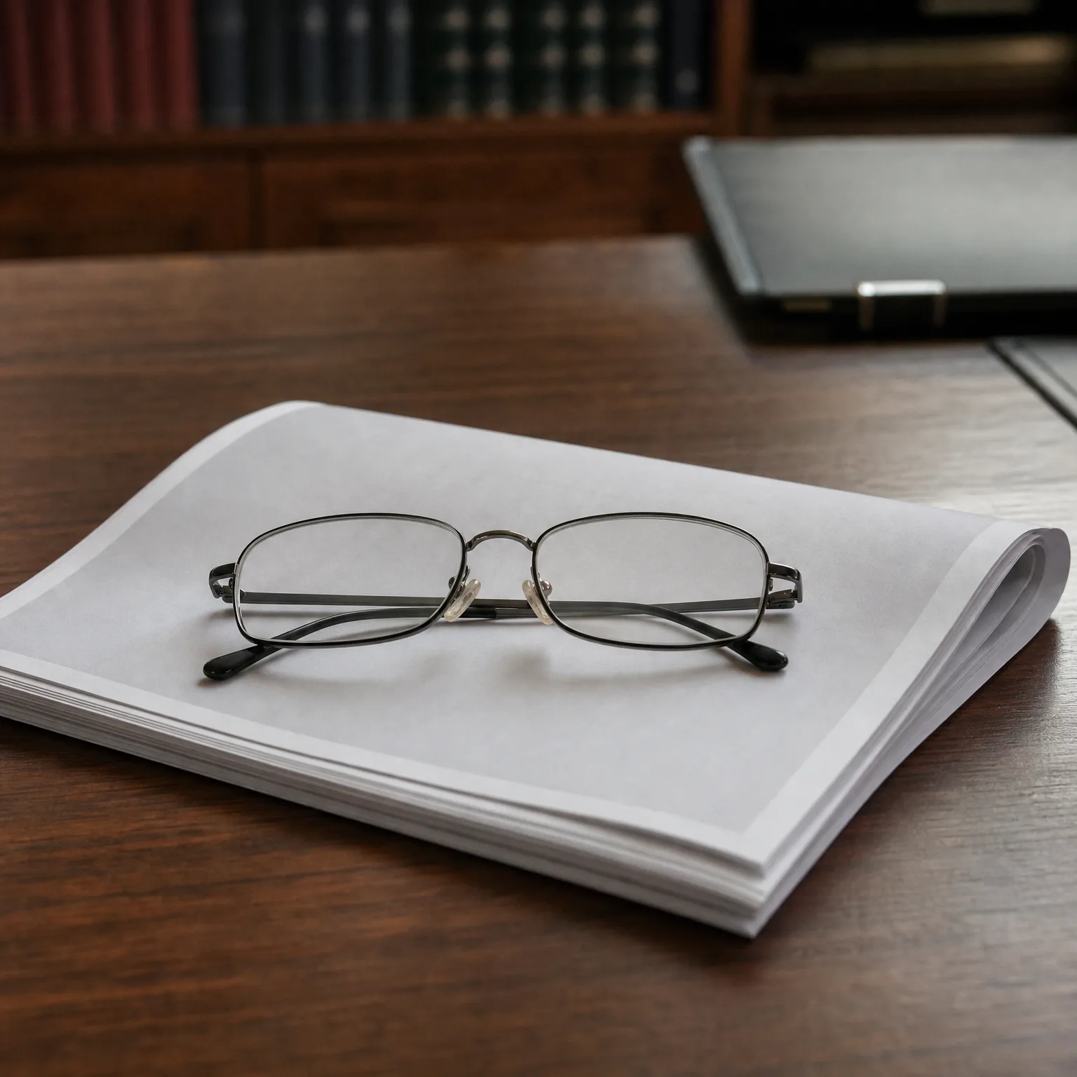 A pair of thin metal-framed eyeglasses resting on a stack of blank white paper on a dark wooden desk, with blurred bookshelves and a dark folder in the background.
