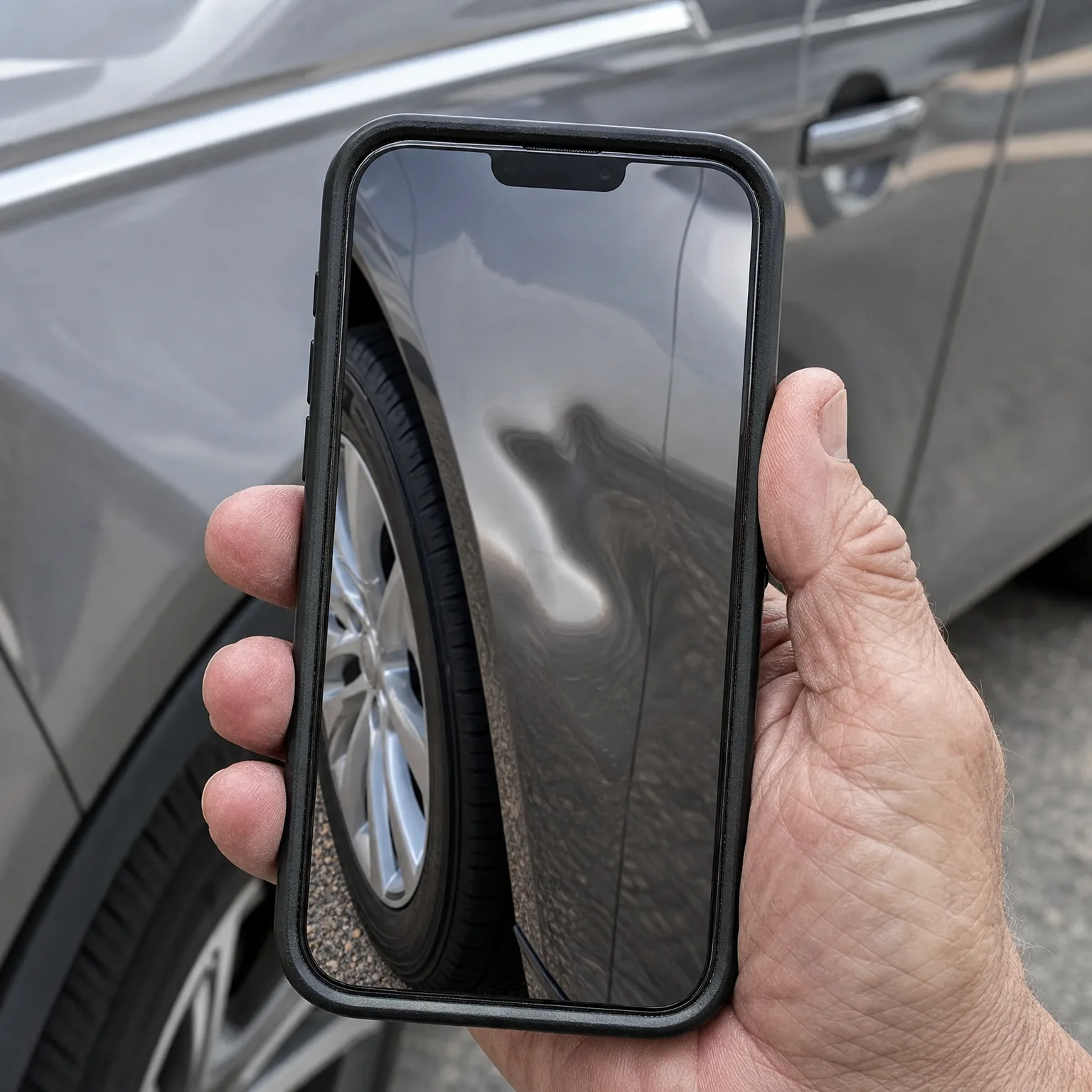 A hand holds a smartphone in a black case with a dark screen in front of the side of a gray car, with the wheel and door handle visible behind.