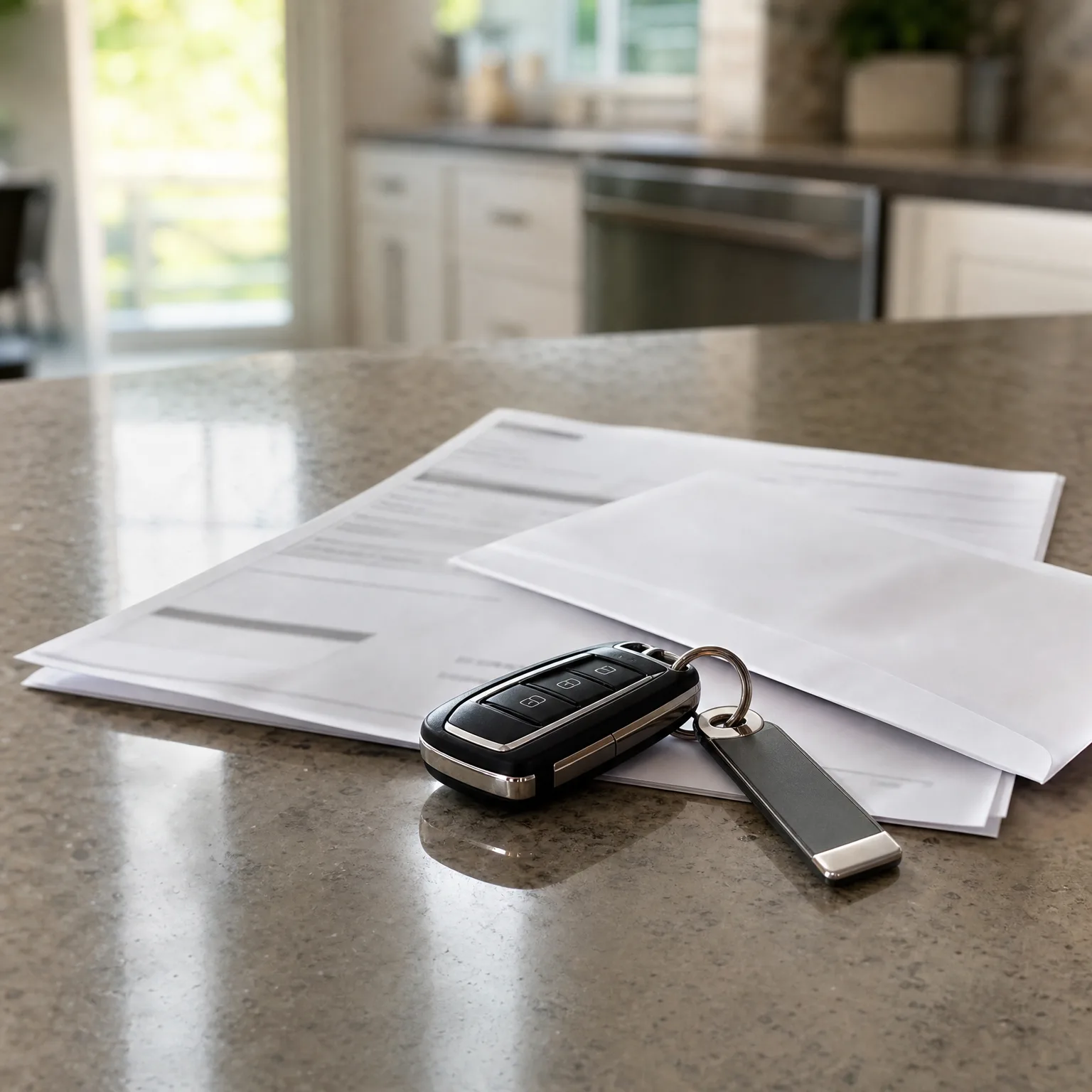 A black car key fob with a metal keychain tag rests on a speckled granite countertop beside white printed documents and an envelope, with a blurred kitchen in the background.