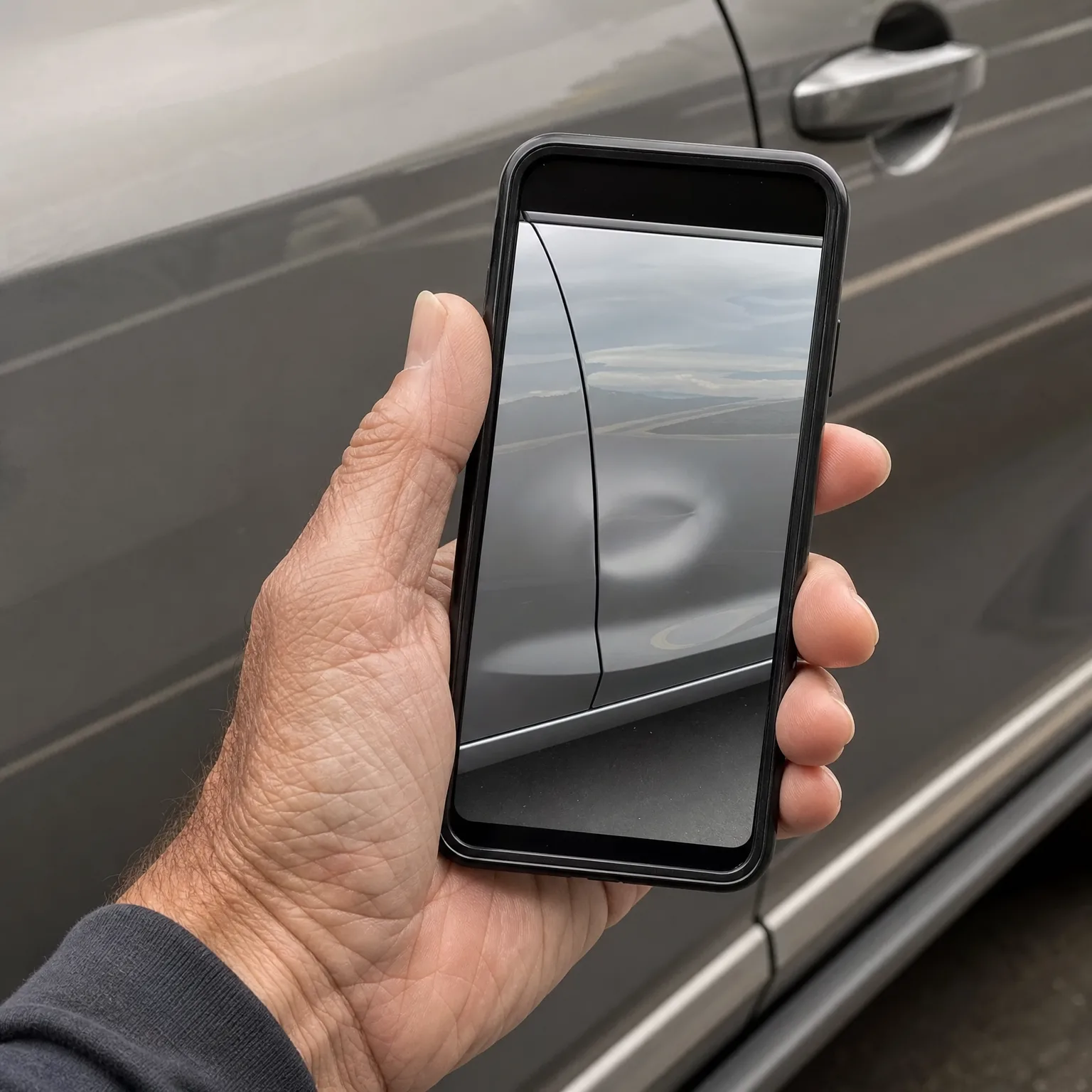 A hand holds a black-cased smartphone in front of a gray car door, with the screen showing a close-up of a dent in the car's body panel.