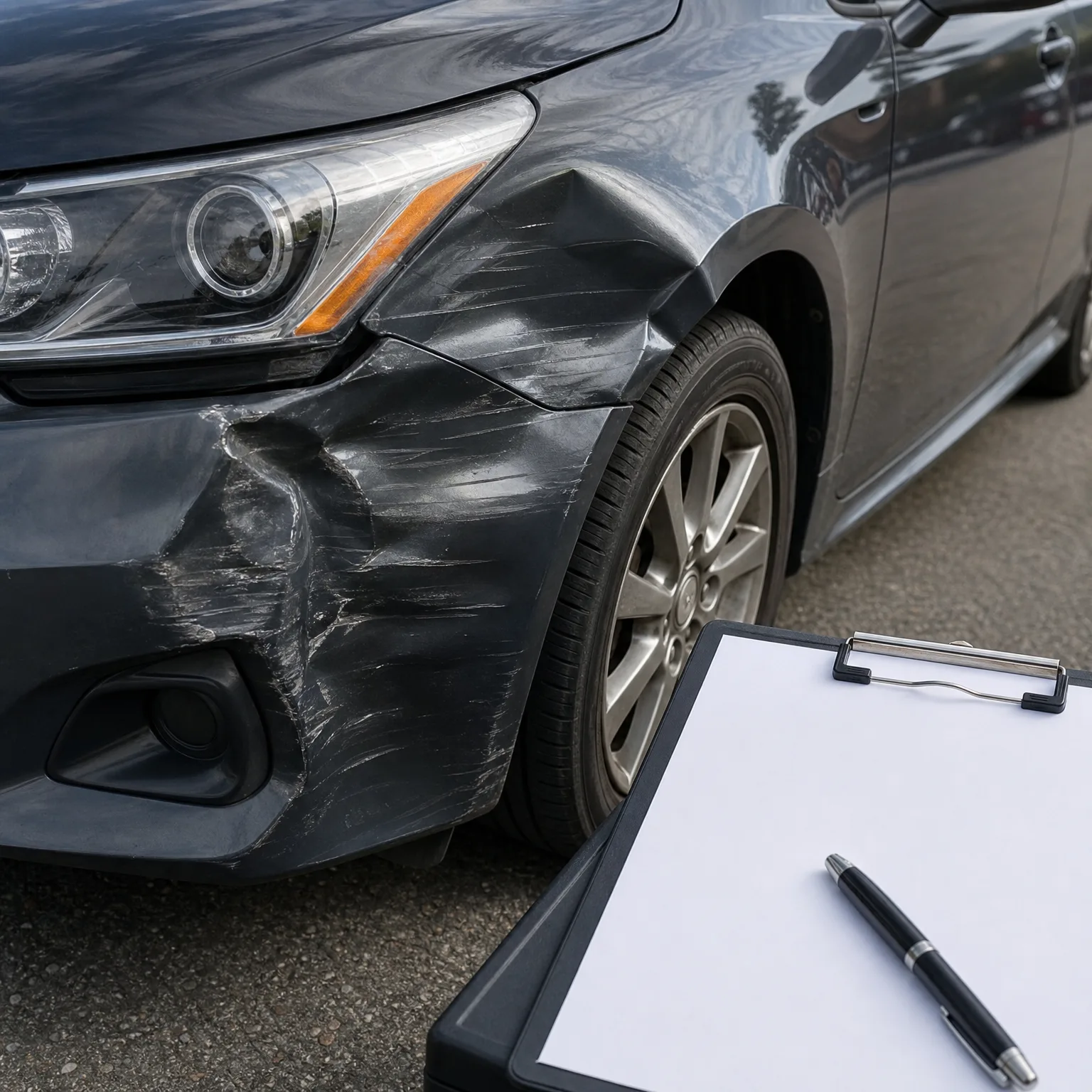 Close-up of a dark gray car's front bumper and fender with deep dents and scrapes, with a clipboard holding blank paper and a black pen in the foreground on asphalt.