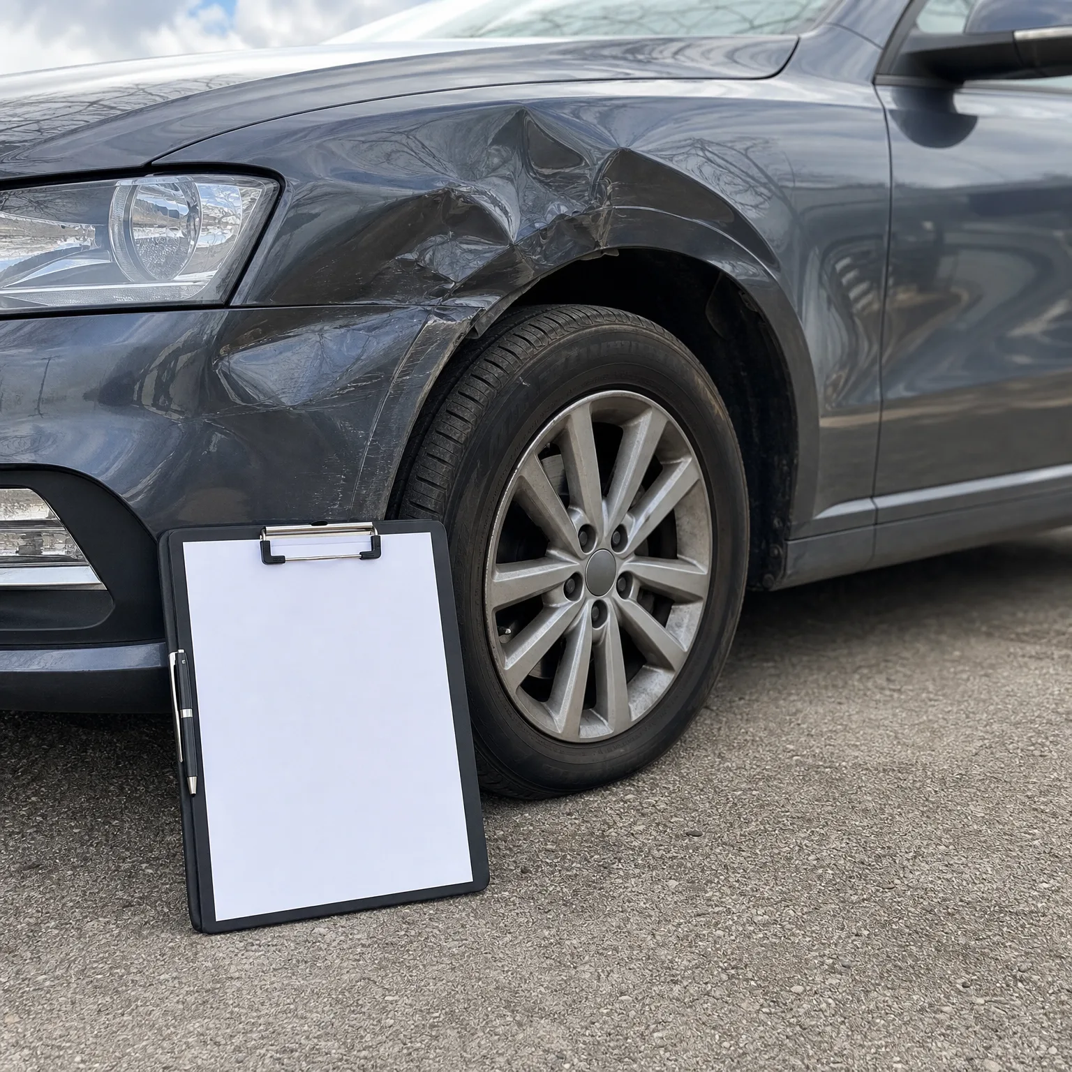 A clipboard with a blank white sheet of paper leans against the front wheel of a dark grey car with a dented front fender and panel, parked on asphalt.