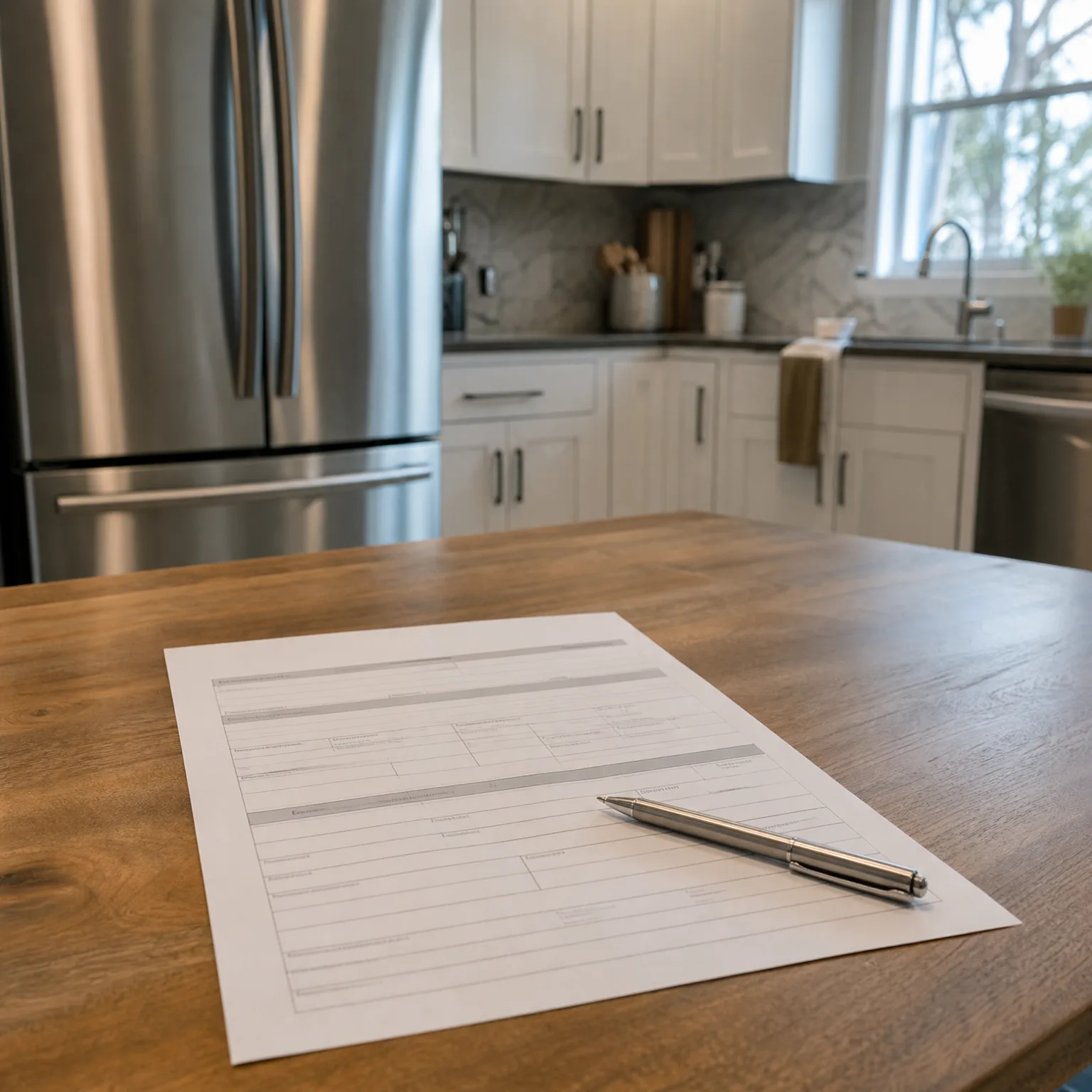 A blank printed form with ruled rows and a silver pen resting on it lies on a wooden table in a kitchen with a stainless steel refrigerator, white cabinets, and a window.
