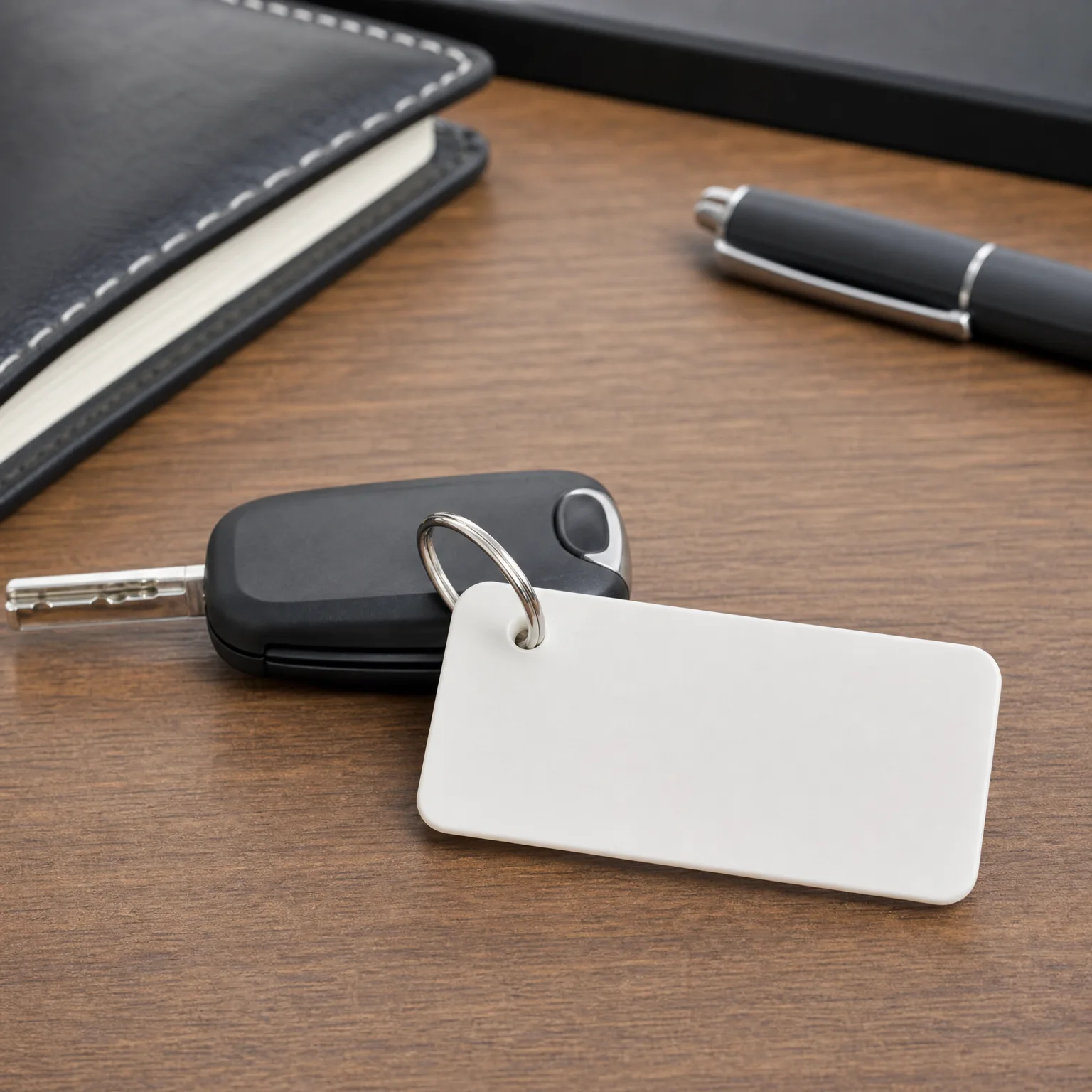 A car key with a blank white rectangular keychain tag on a split ring, resting on a wooden desk beside a black leather notebook and a dark pen.