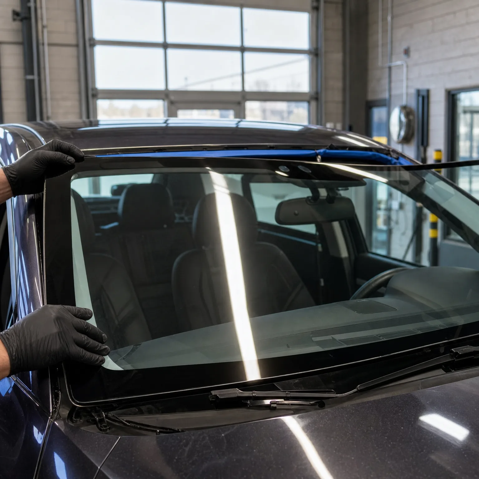 Gloved hands hold the edge of a windshield being positioned onto a dark SUV inside a garage with large paned bay doors and painted brick walls.