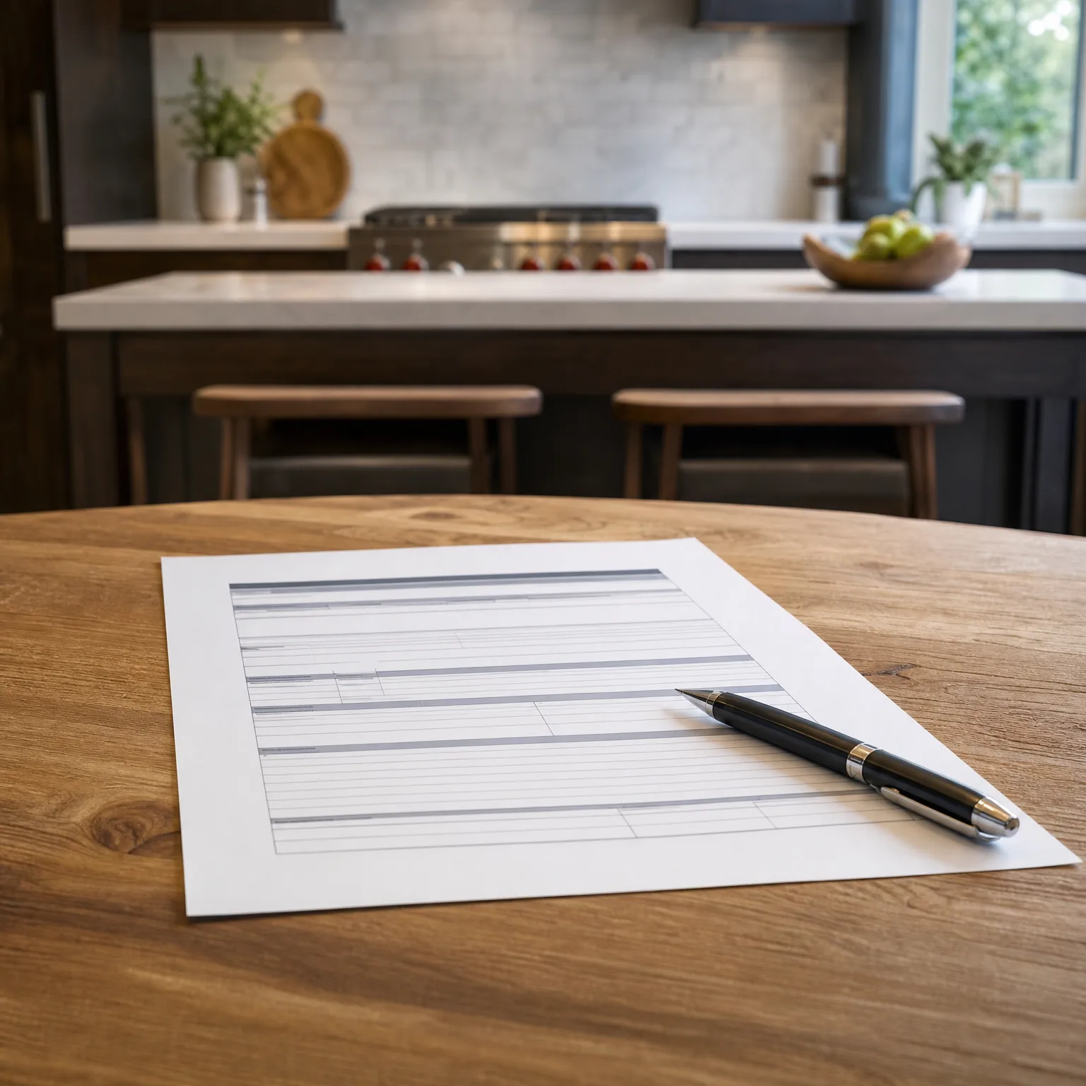 A printed sheet with faint ruled lines and a black pen lies on a wooden table, with a blurred kitchen island, stools, range, and fruit bowl in the background.