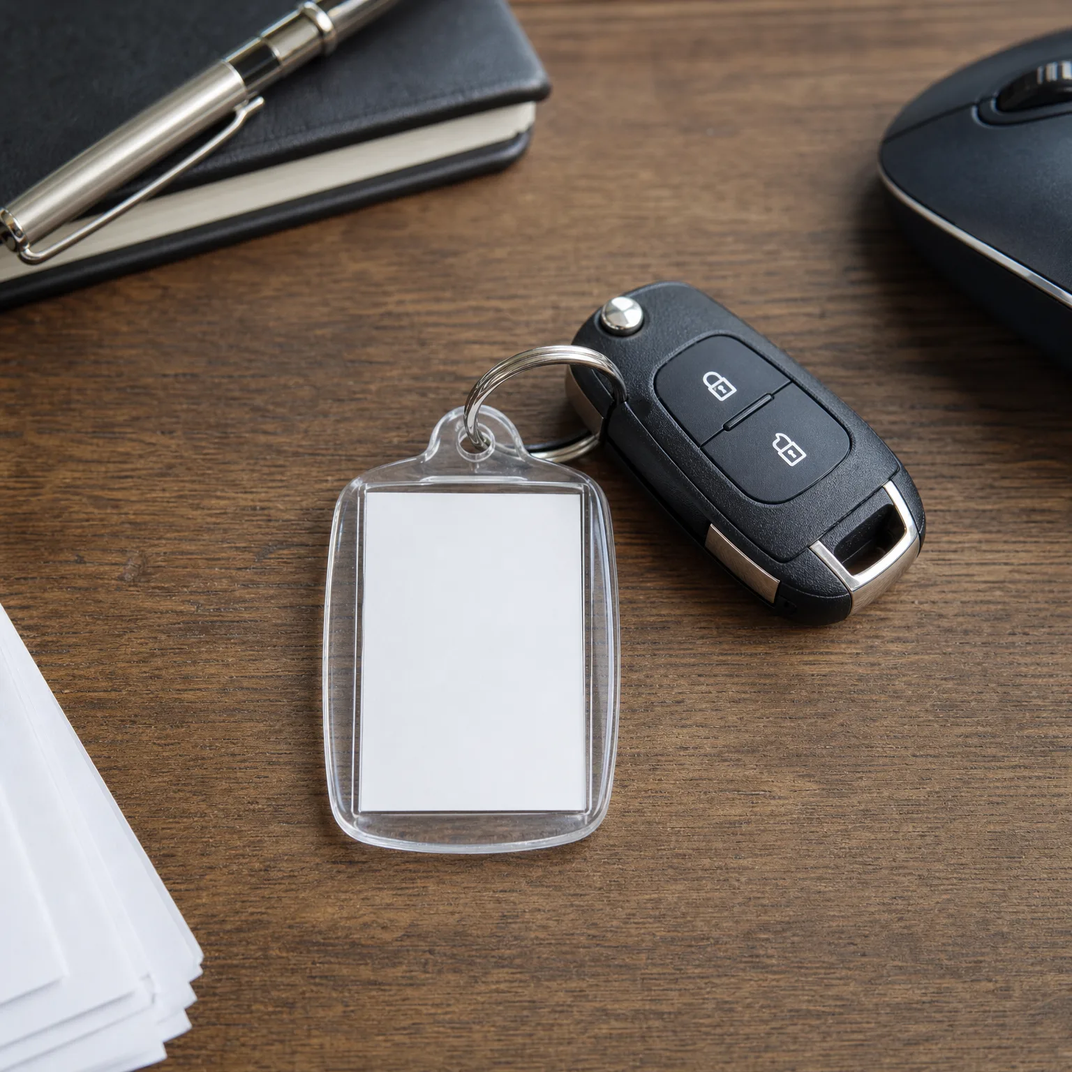 A blank clear acrylic keychain attached by a split ring to a black two-button flip car key, resting on a wooden desk beside a notebook with a pen, a computer mouse, and white cards.