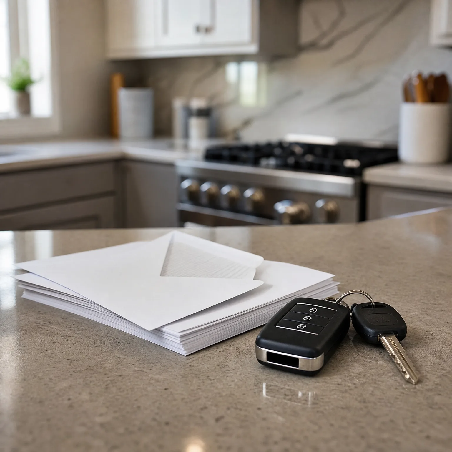 A stack of blank white papers and envelopes beside a black car key fob and a key on a speckled stone countertop, with a blurred kitchen and stove in the background.
