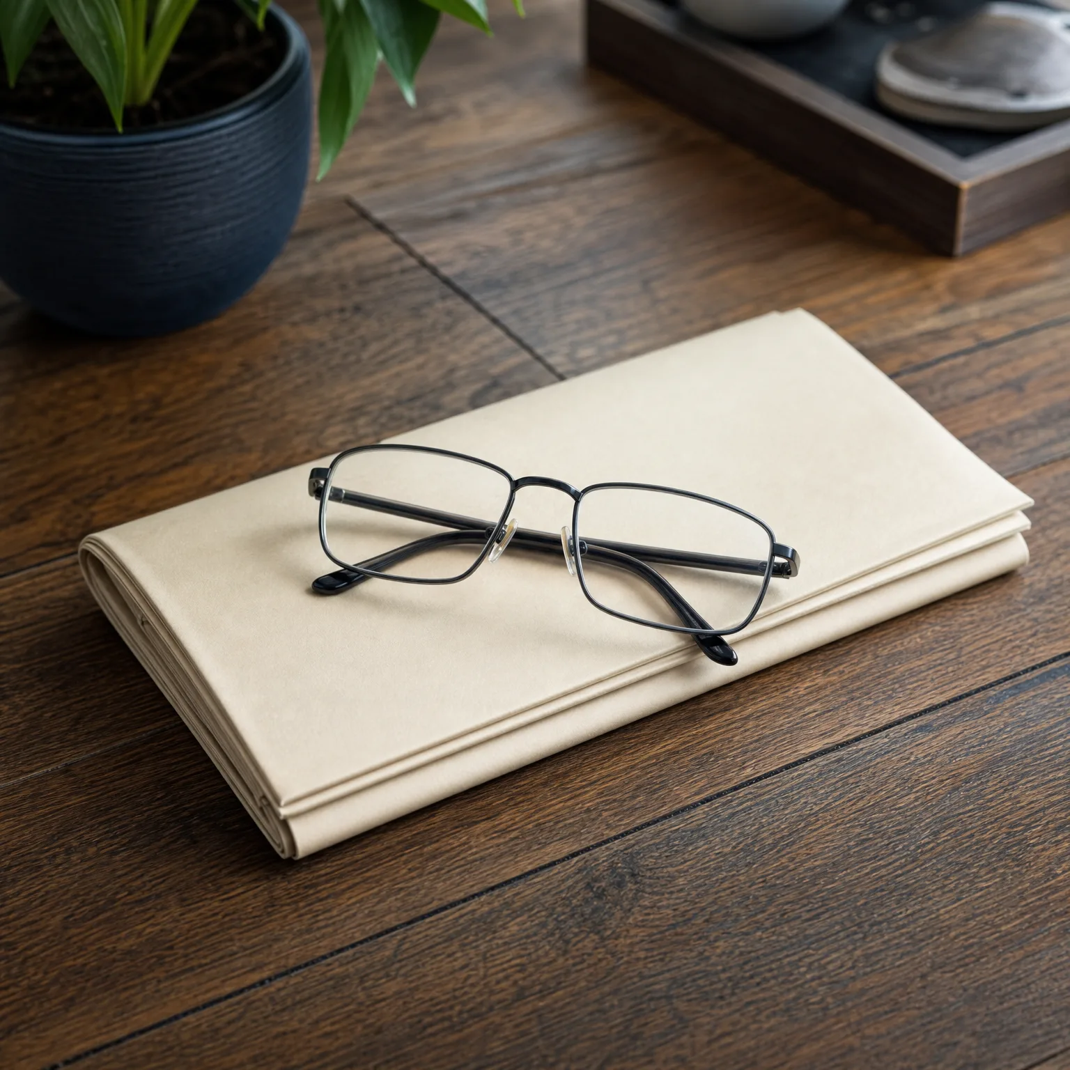 A pair of black-framed rectangular eyeglasses resting on a folded cream-colored newspaper or cloth on a dark wooden table, with a potted green plant and a wooden tray in the background.