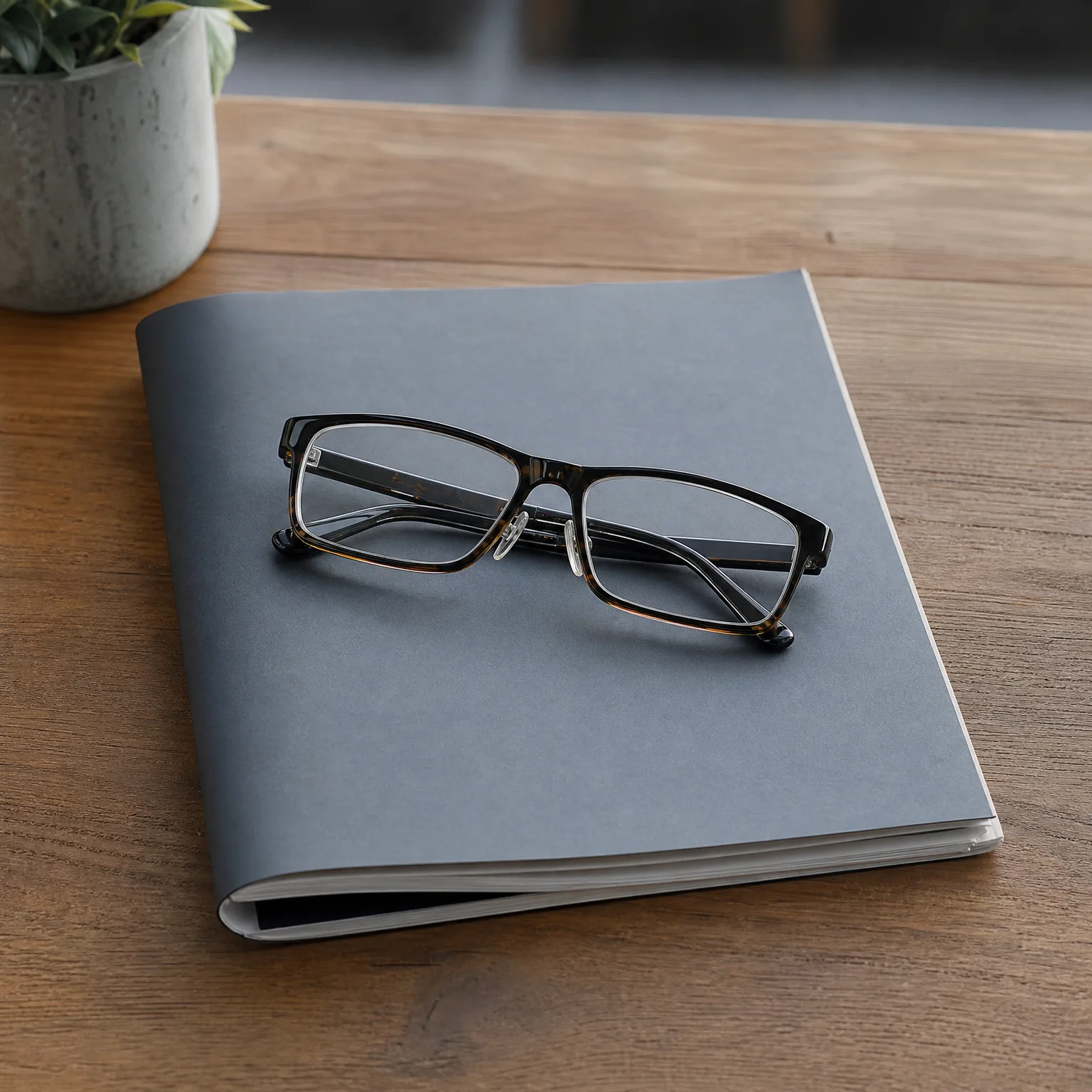 A pair of tortoiseshell-framed eyeglasses resting on a gray-covered booklet on a wooden table, with a potted plant blurred in the background.