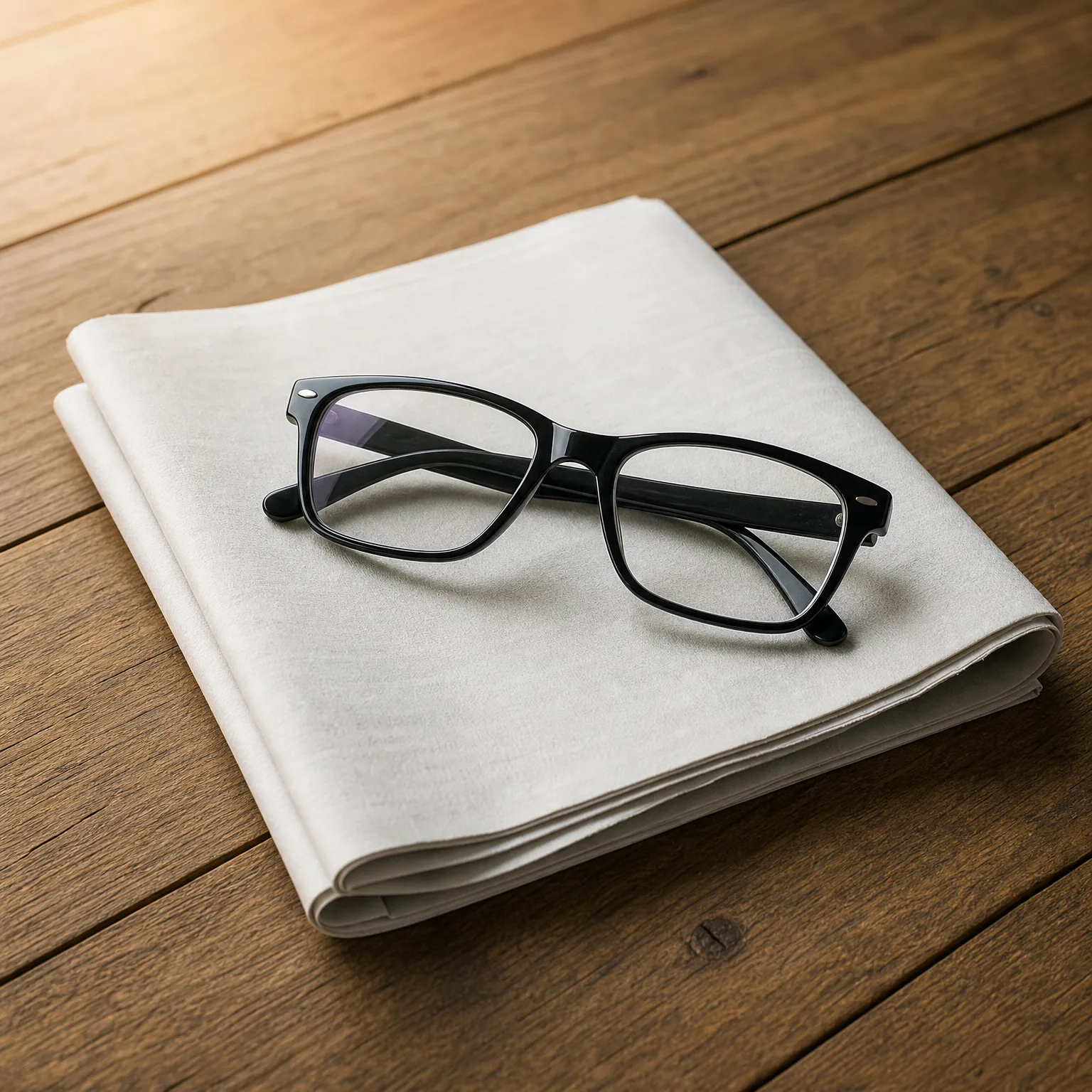 A pair of black-framed eyeglasses resting on a folded blank newspaper on a wooden plank surface.