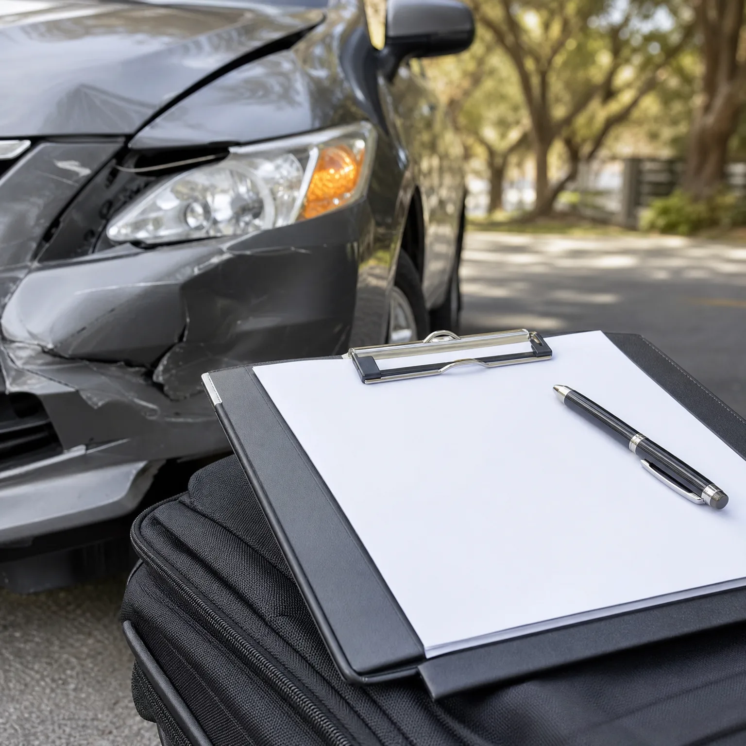 A clipboard with blank white paper and a pen rests on a black bag in front of a gray car with a damaged front bumper and fender on a tree-lined road.