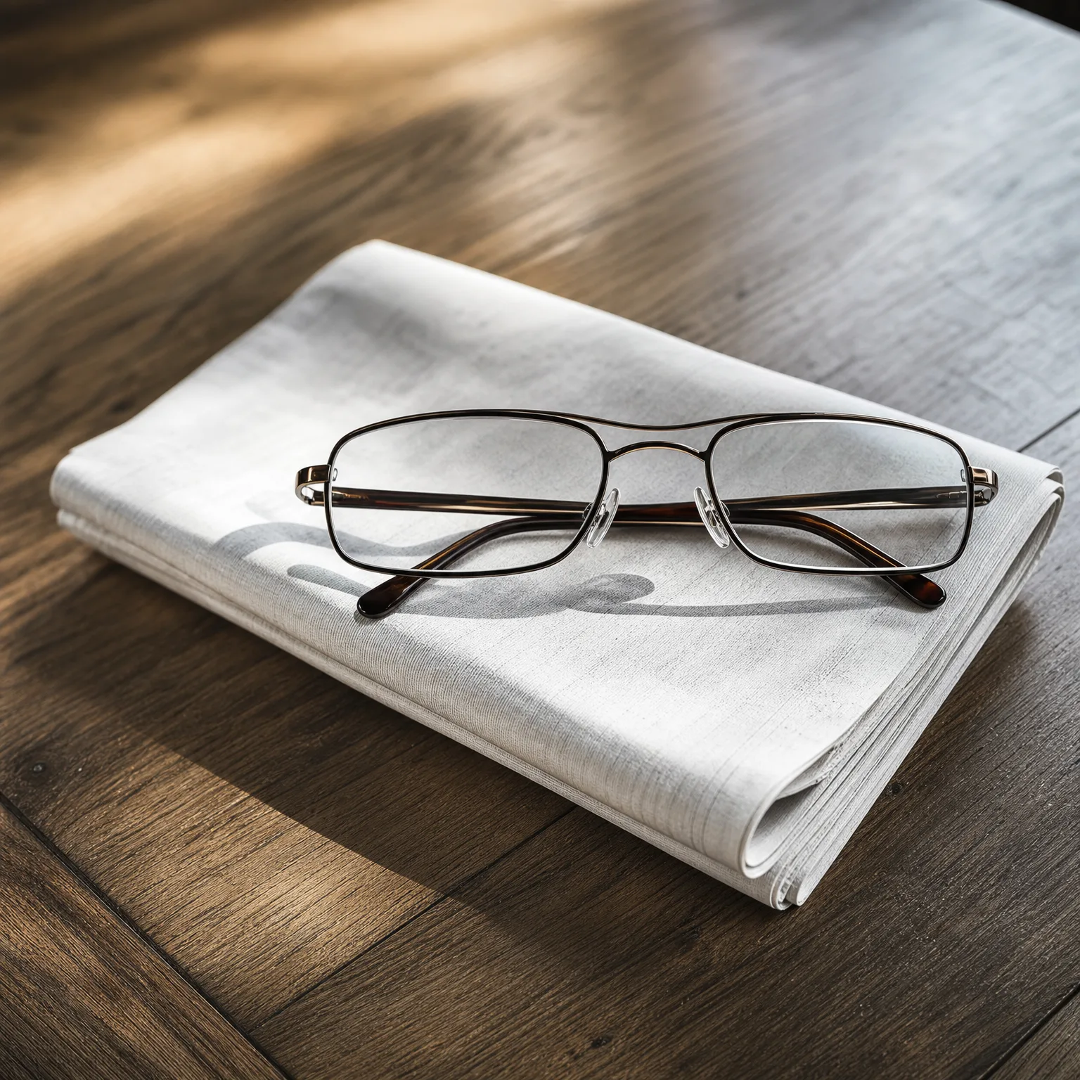 A pair of brown metal-framed eyeglasses resting on a folded newspaper on a wooden table in sunlight.