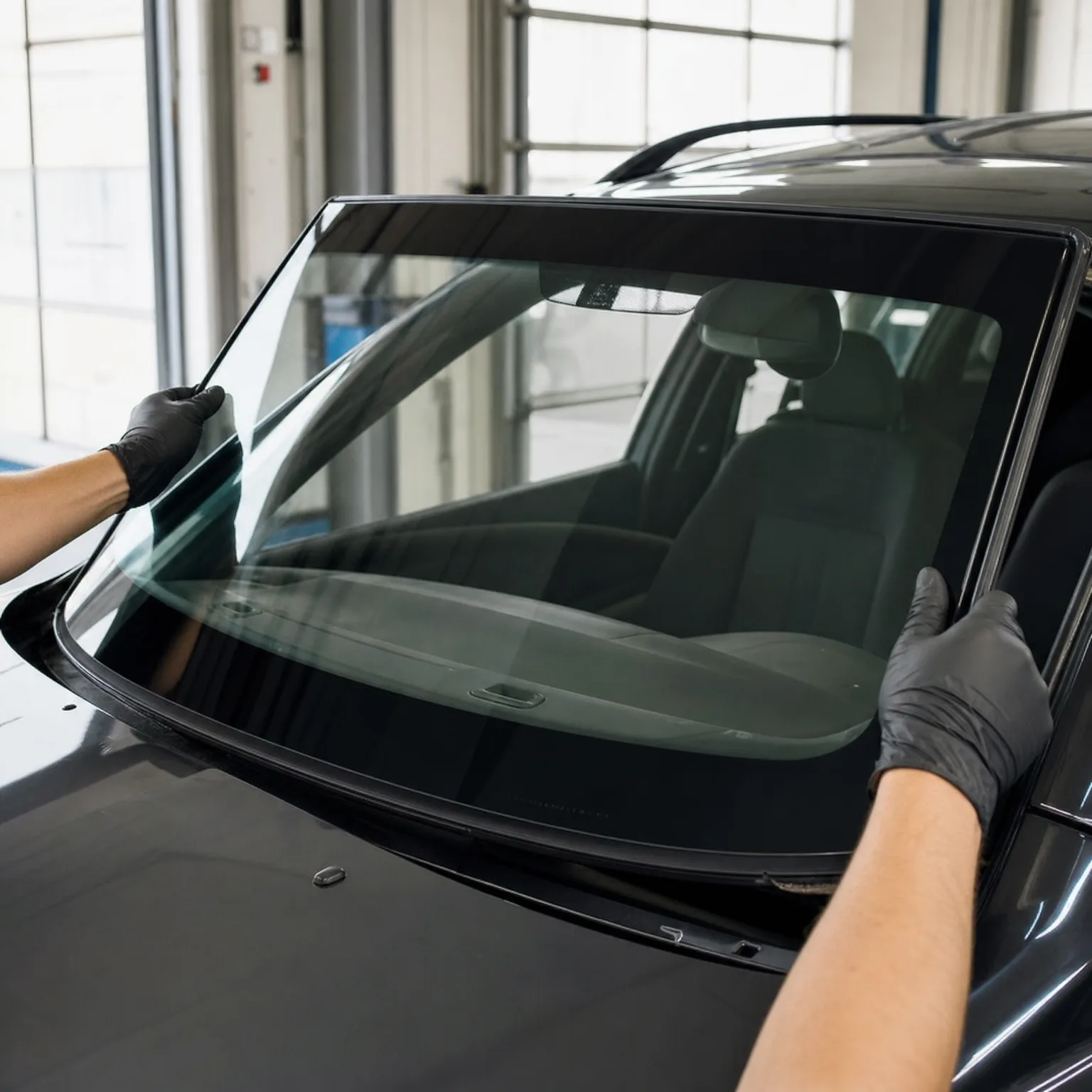 Two gloved hands lift a windshield into place on a dark car inside a garage with large windows.