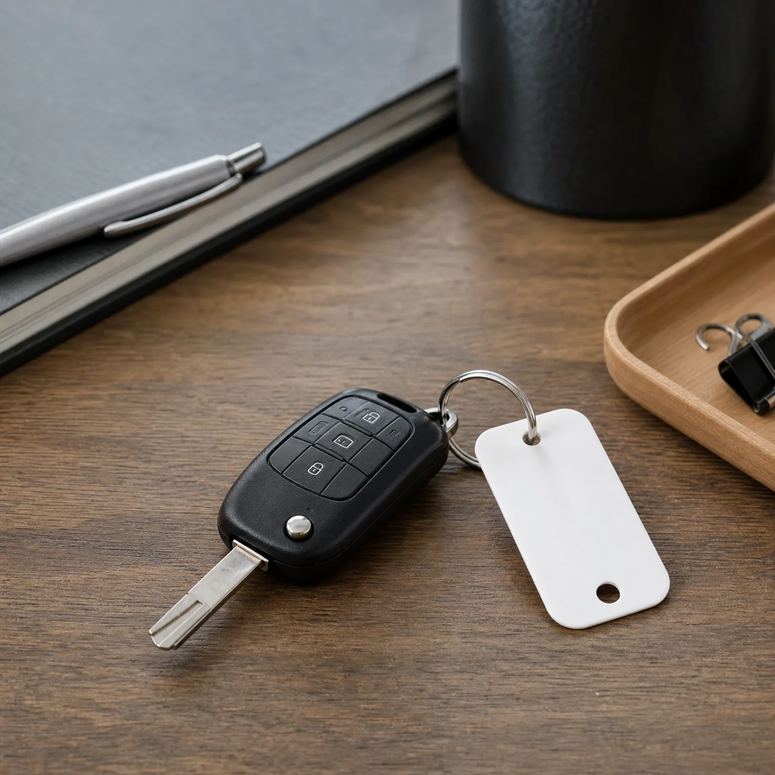 A black flip-style car key with three buttons and a blank white rectangular keychain tag on a split ring, resting on a dark wood surface near a notebook with a pen, a black container, and a wooden tray holding a binder clip.