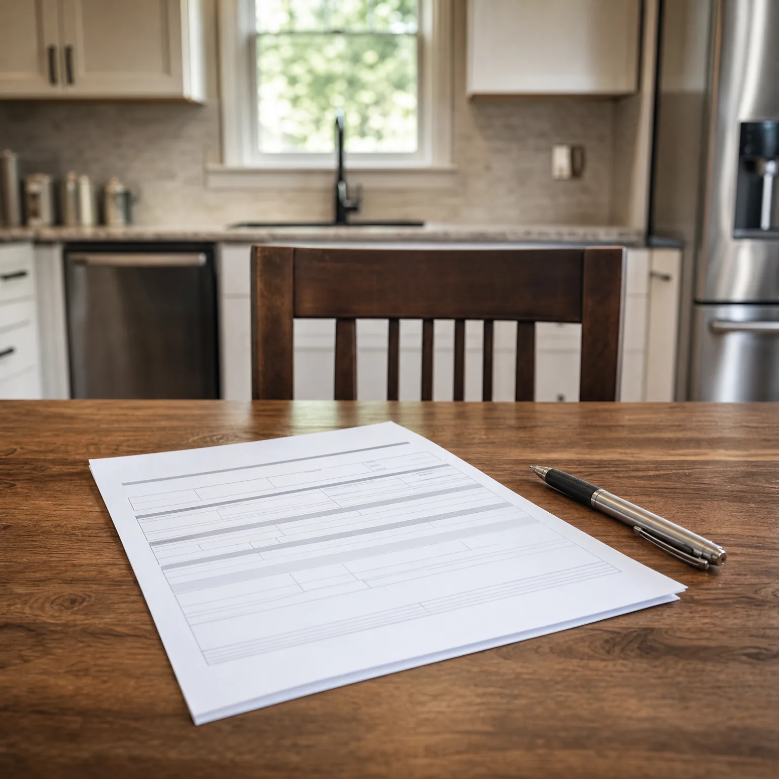 A multi-page printed form with blank ruled fields lies on a wooden table beside a pen, with a blurred kitchen featuring cabinets, a window, sink, dishwasher and stainless refrigerator in the background.