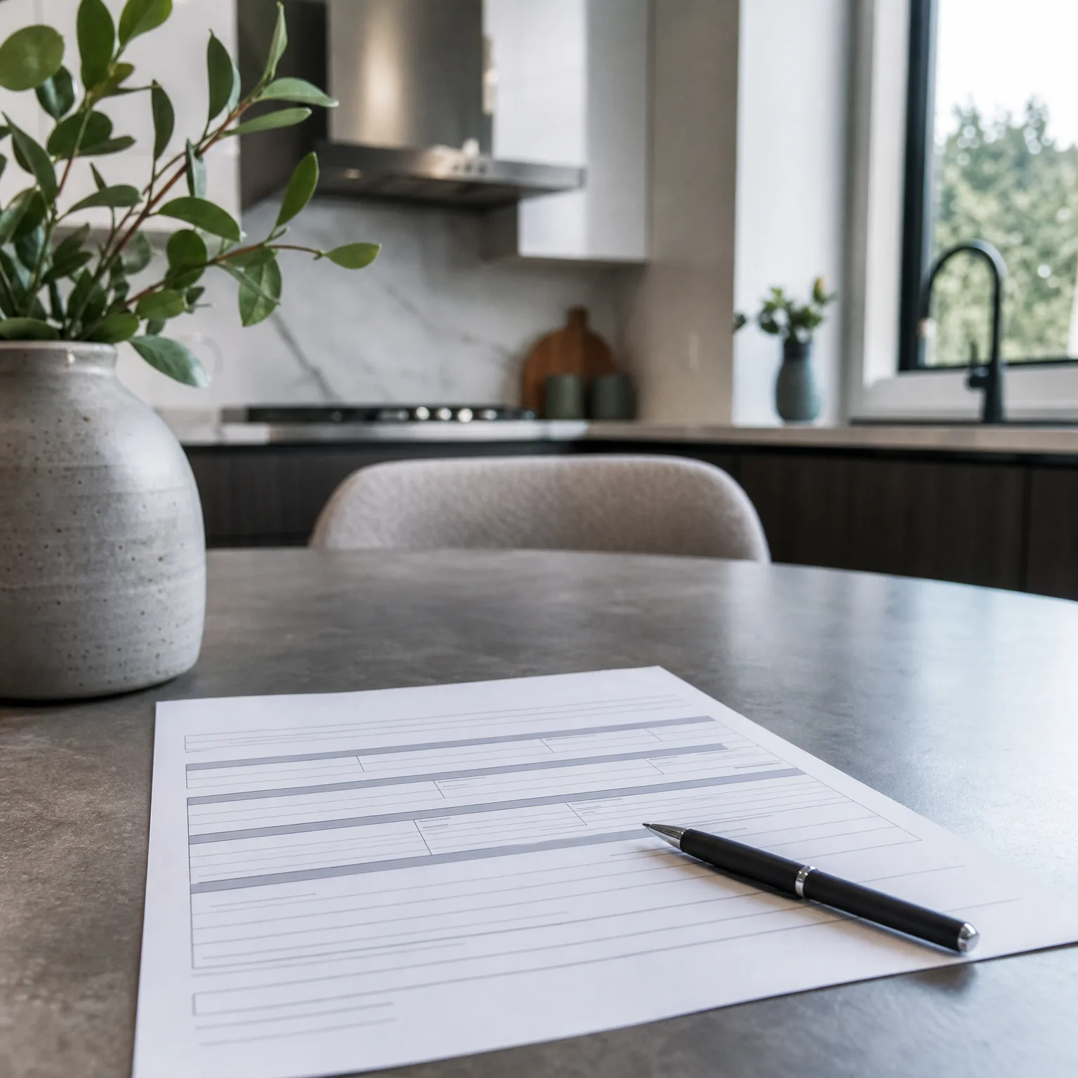 A printed form with blank lines and a black pen rests on a gray table in a kitchen, with a vase of green foliage at left and a counter, range hood, and window in the blurred background.