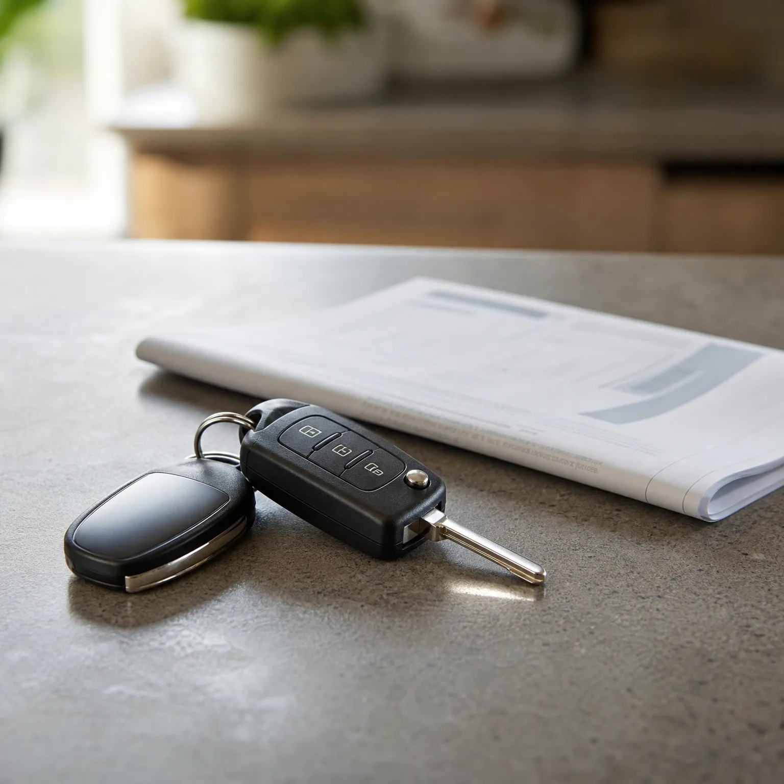 A black flip-style car key with a remote fob on a key ring rests on a gray countertop beside a folded printed document, with a blurred interior background.