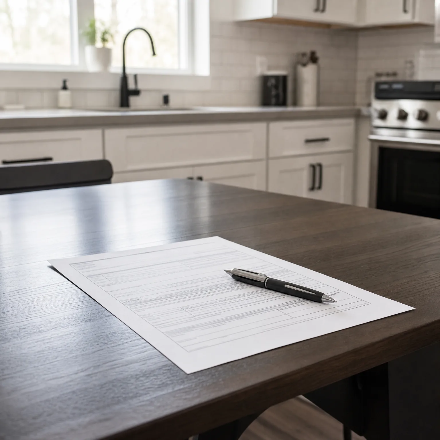 A printed form and a black pen rest on a dark wood table in a kitchen with white cabinets, a window, and a stove in the blurred background.